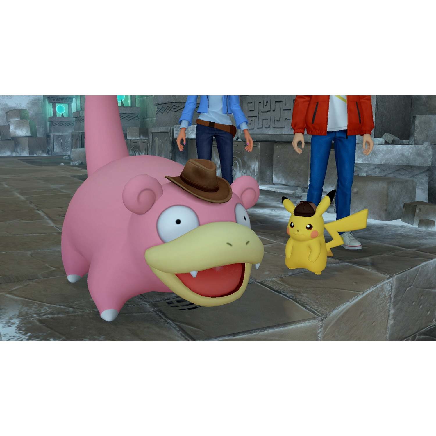 A pink Slowpoke and yellow Pikachu wear hats near two people in a stone ruin.