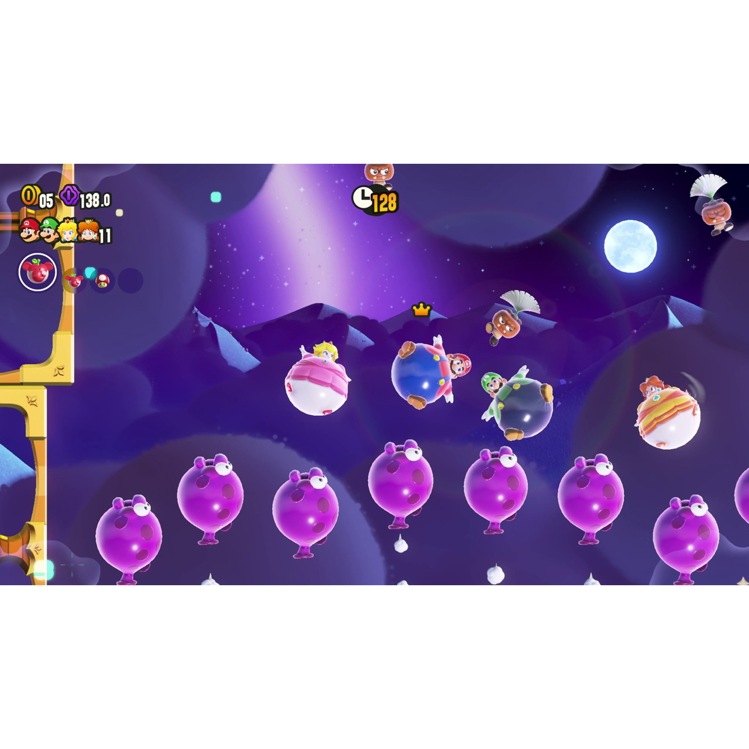 Mario characters float in space with purple creatures below them.