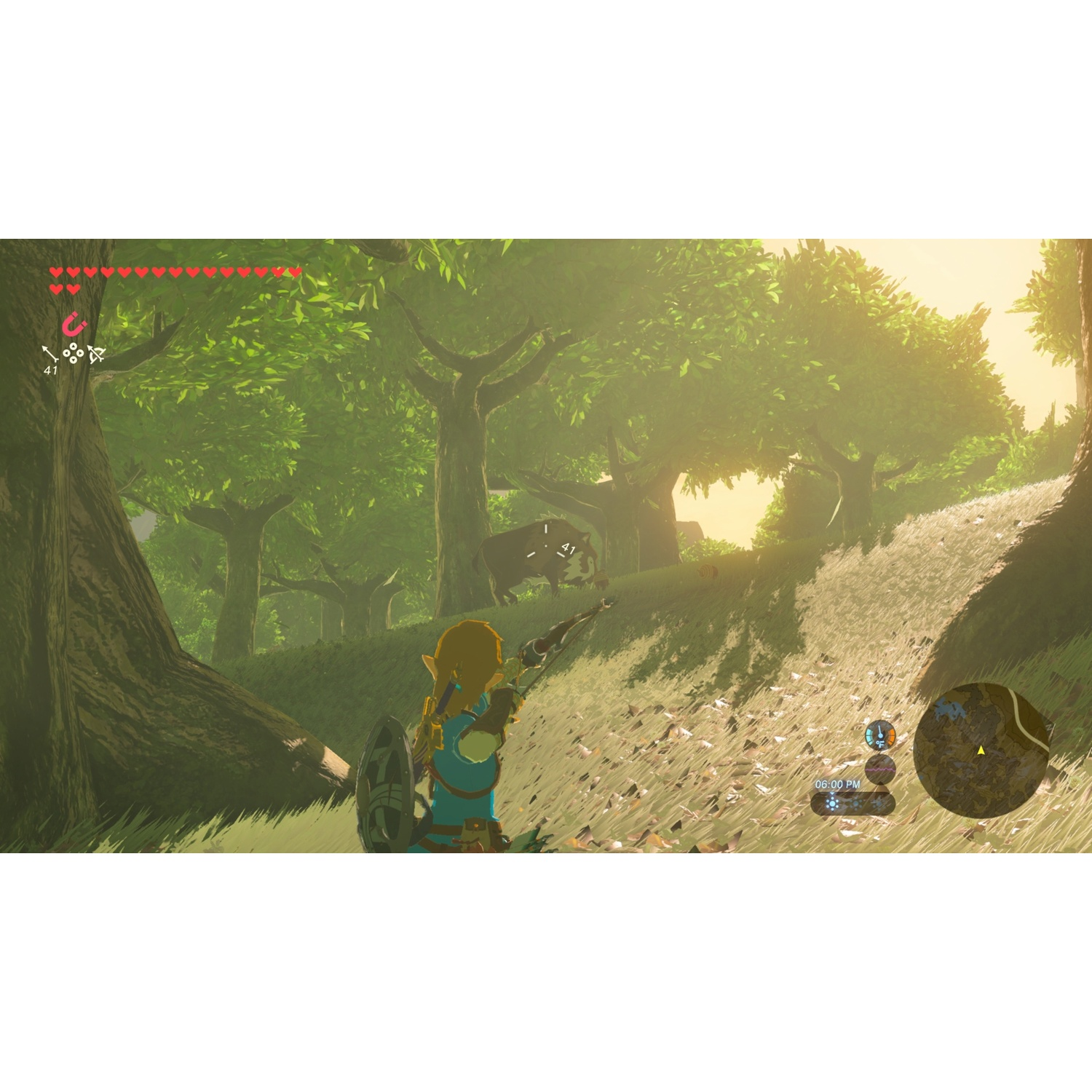 A character with a shield and bow stands in a wooded area.