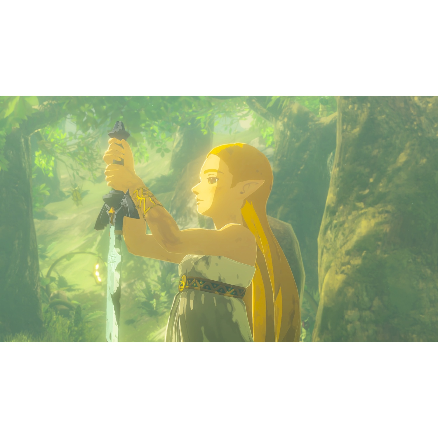 A young woman with long blonde hair holds a sword in a forest.