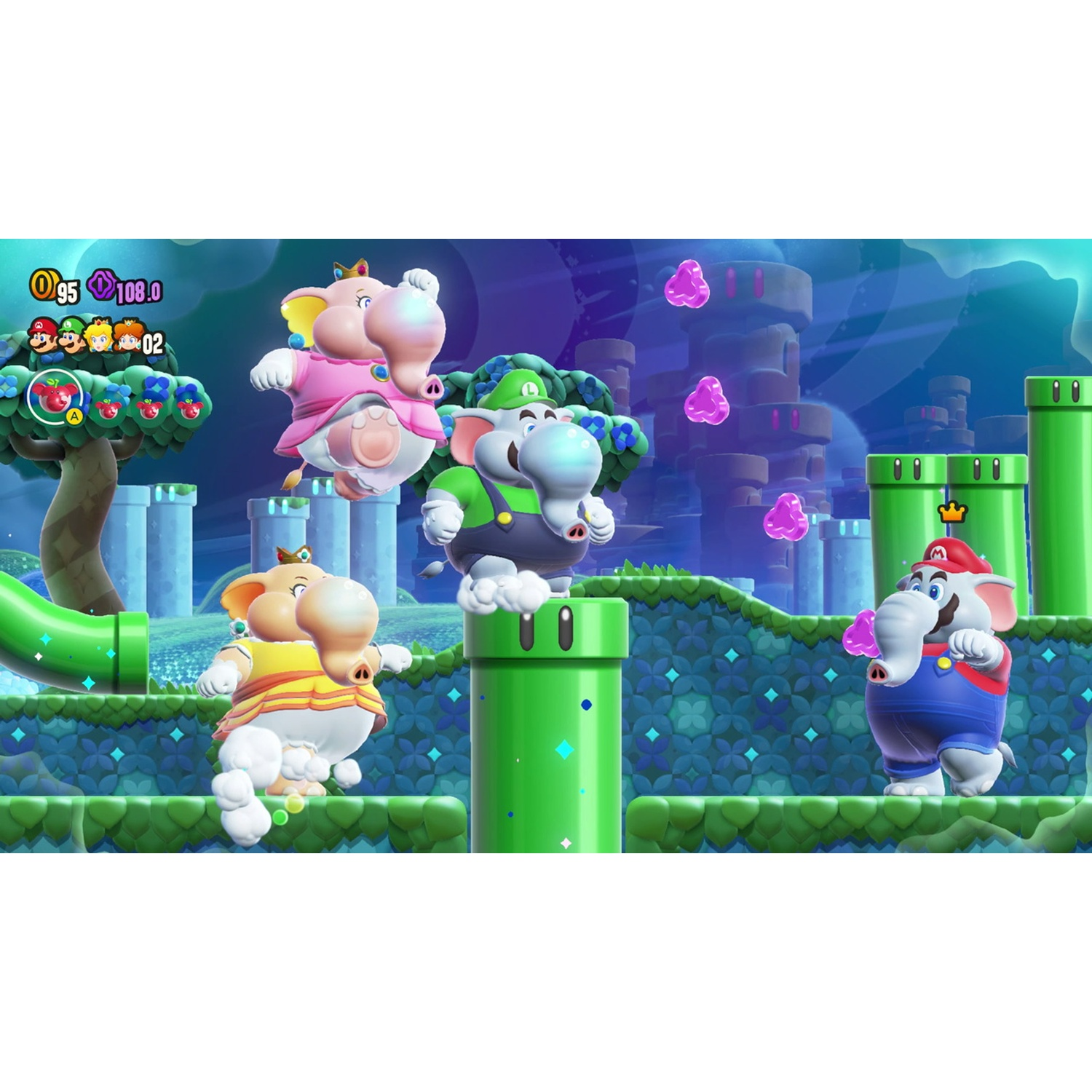 Four elephant characters in a video game level with pipes and trees.