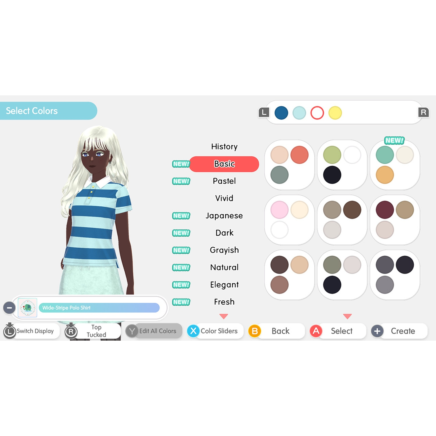 A character in a game is customizing a blue and white striped polo shirt. Color options are displayed.
