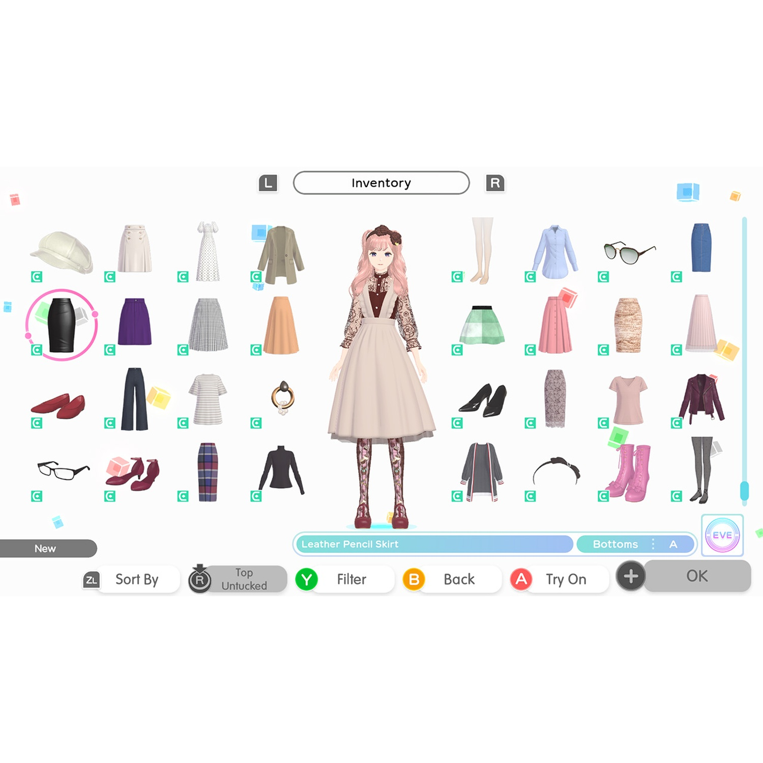 A virtual character customization menu showing clothing and accessories.
