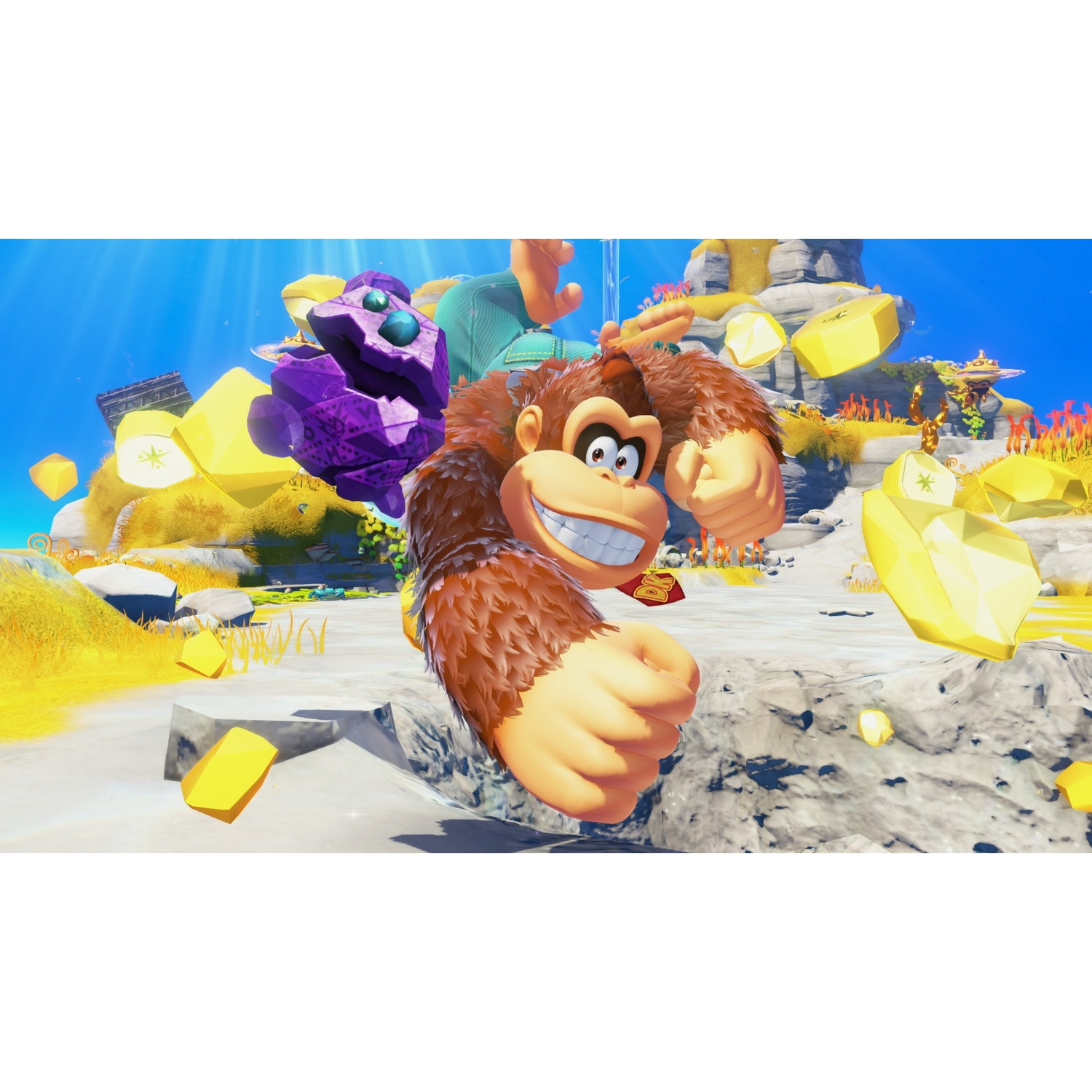 Donkey Kong flies in front of a bright blue sky with yellow gems and rocks.