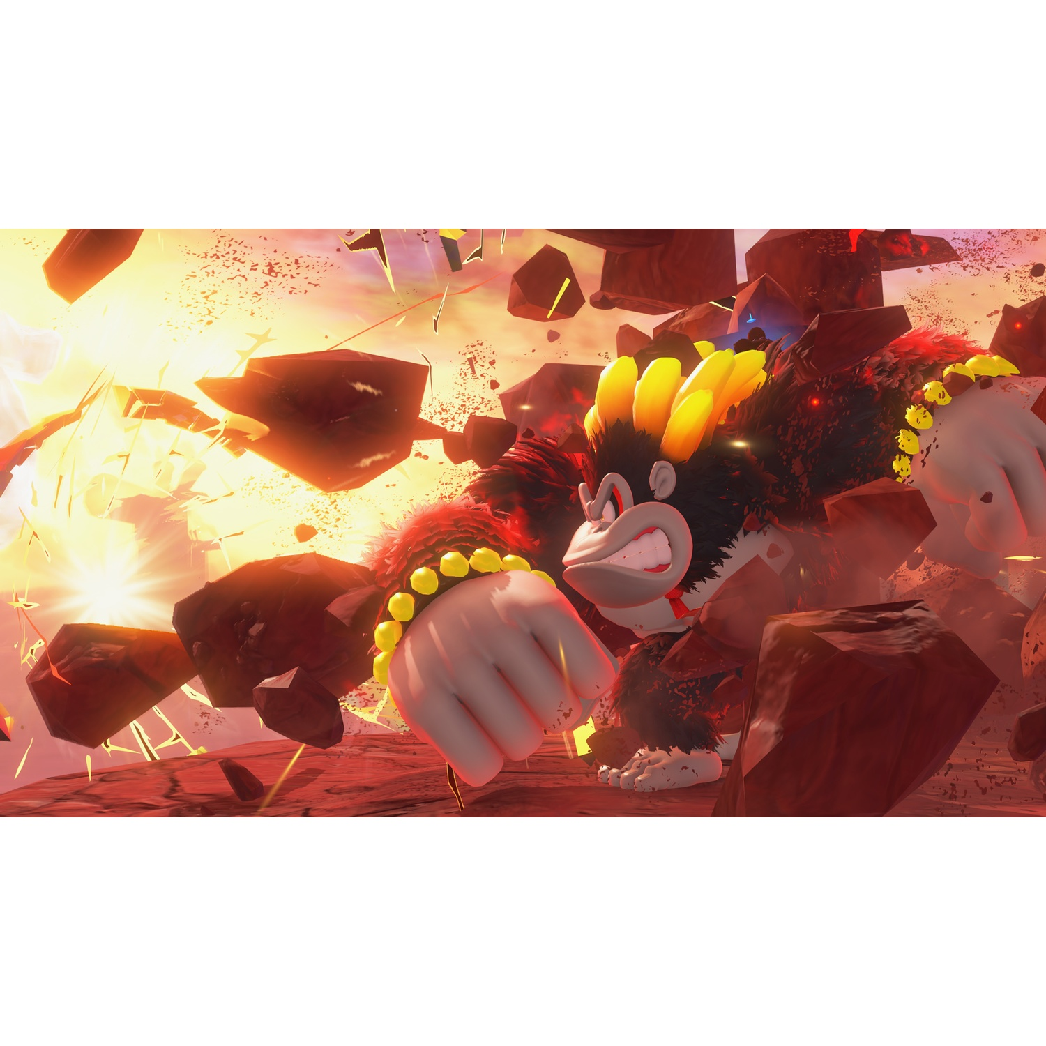 Donkey Kong breaks through red rocks with yellow accents and a bright flash.