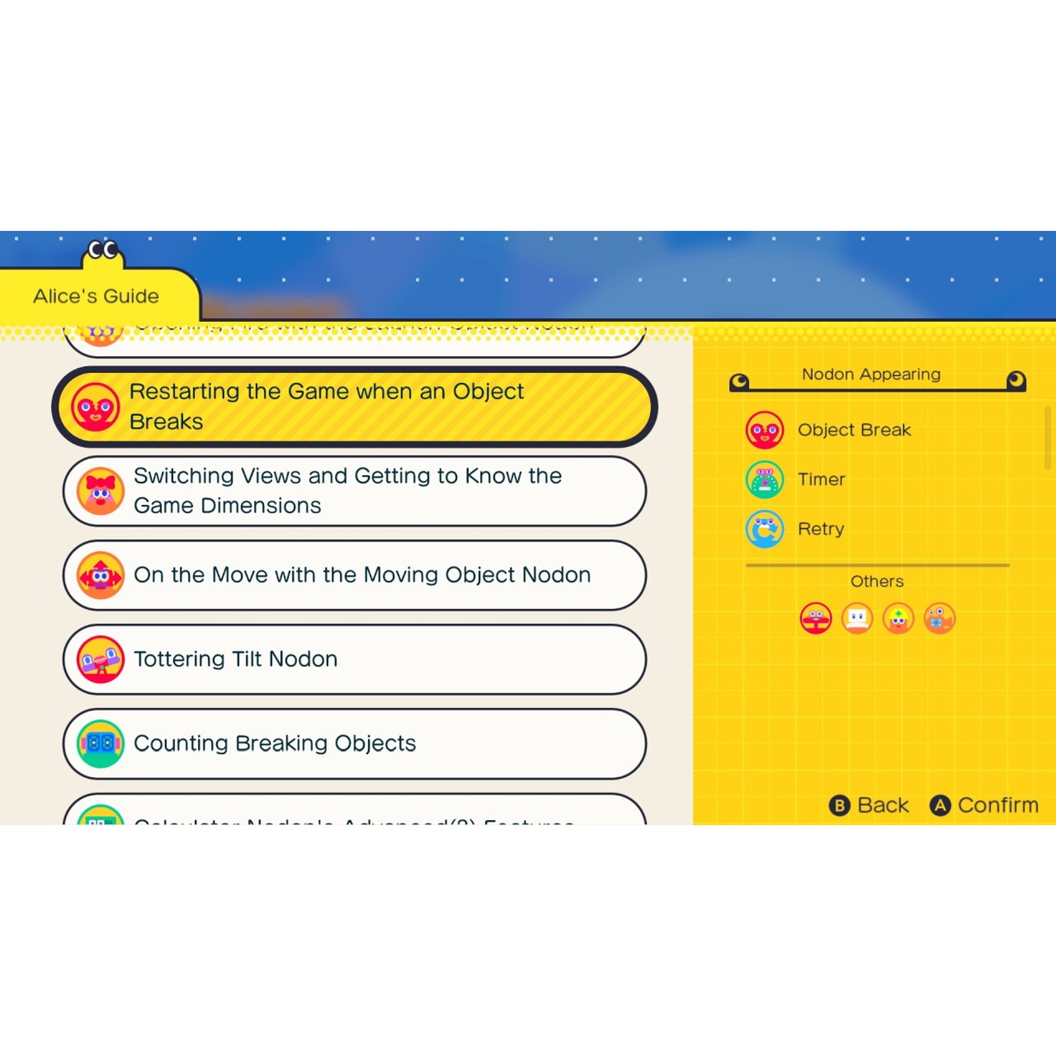 Alice's Guide menu with options like 'Restarting Game', 'Object Break', 'Timer', and 'Retry'.