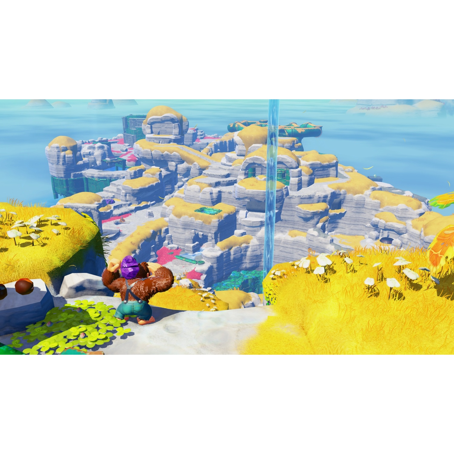 A monkey holding a purple gem on its head stands on a rocky ledge with yellow grass.