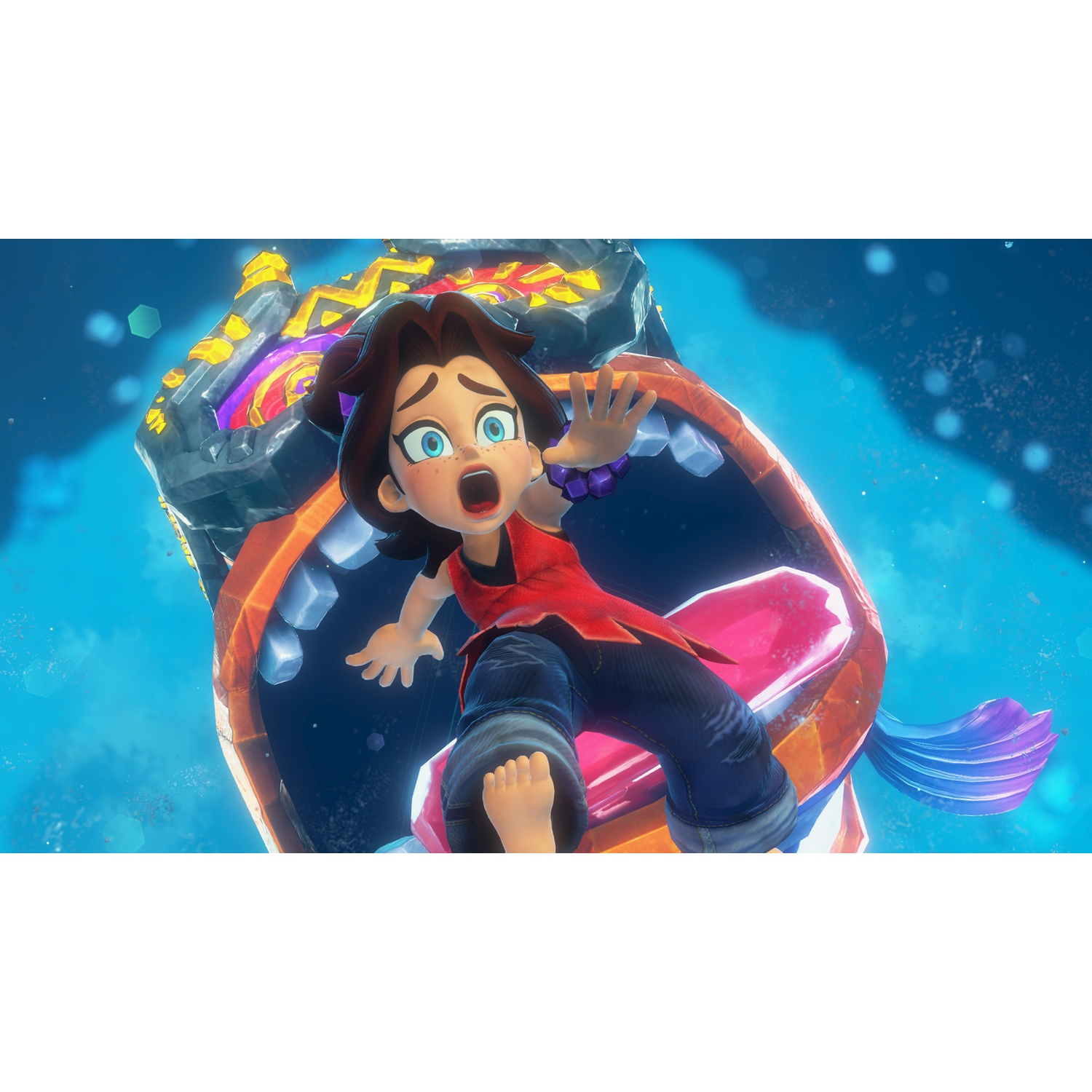 A girl with a wide-open mouth falls into an open, tooth-like structure.