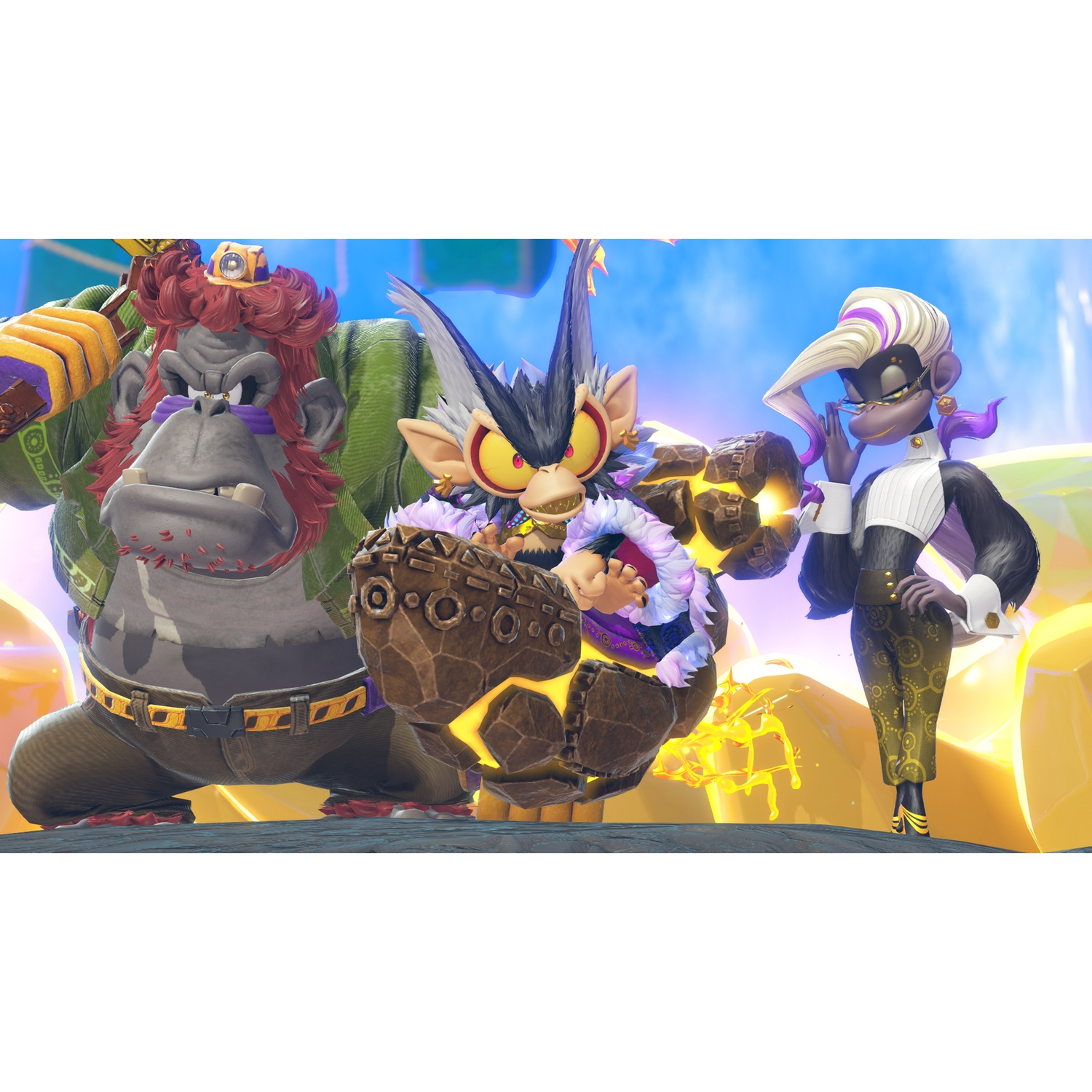 Three cartoon characters: a gorilla, a griffon, and a female ape.