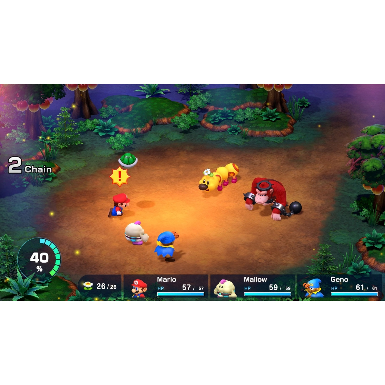 Mario characters in battle on a forest floor with UI elements.