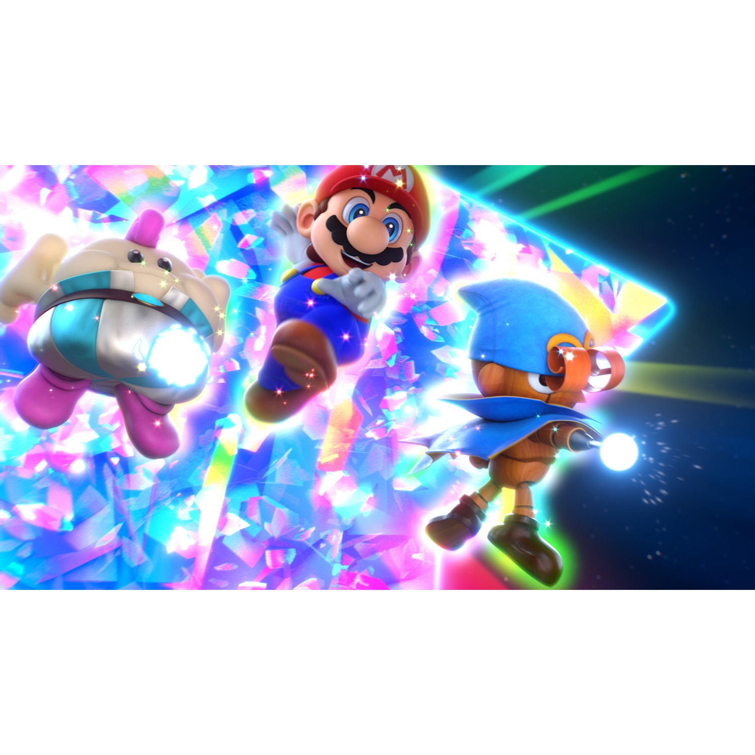 Mario, in blue overalls and red cap, jumps through a sparkling, crystalline world.