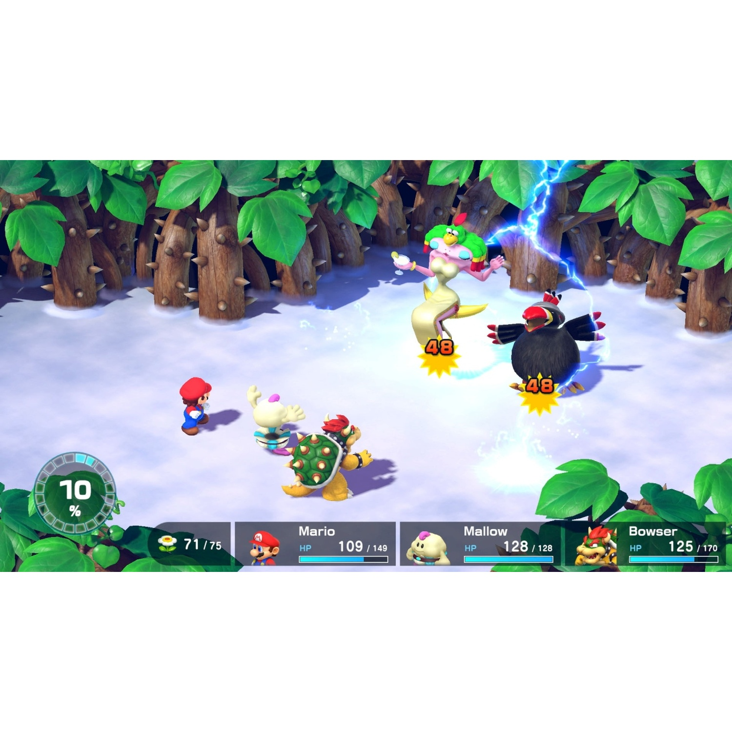 Mario characters battle in a snowy forest with spiked trees. Lightning strikes.