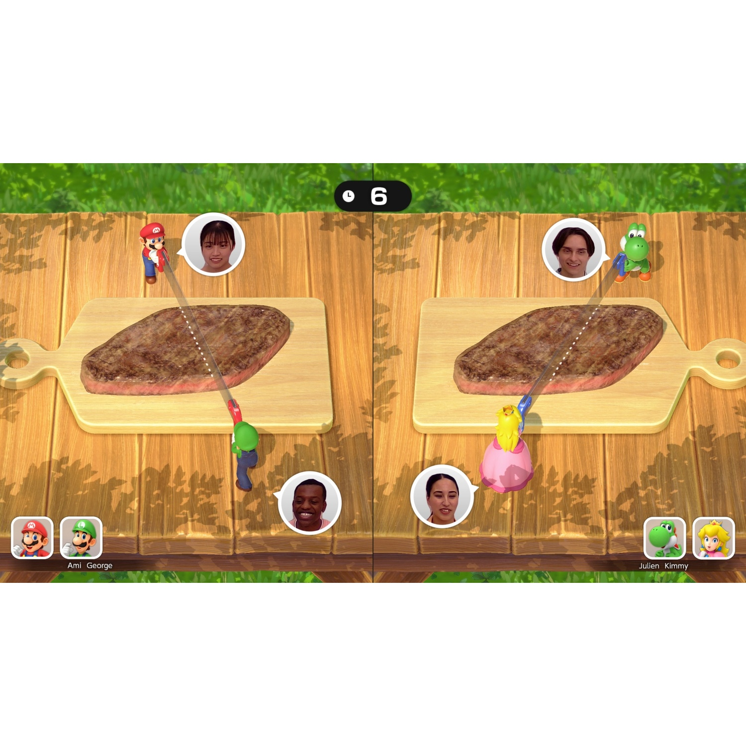 Mario and Luigi slice steak, Yoshi and Peach slice steak.