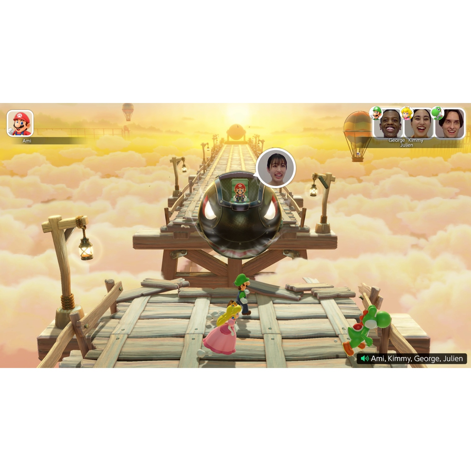 Mario characters on a wooden bridge in the sky at sunset, with balloons and player names.
