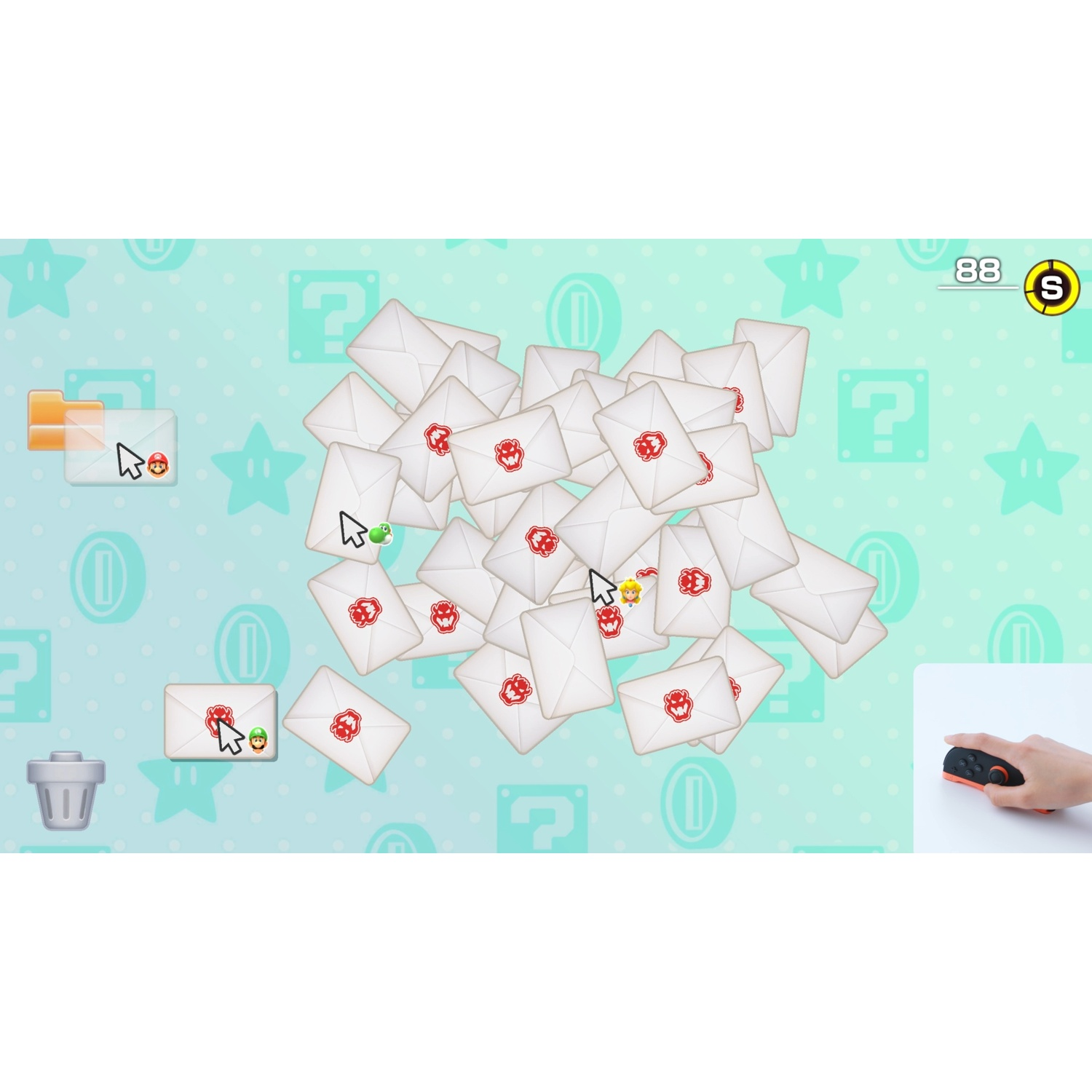 A pile of white envelopes with red seals. A cursor points to one envelope.