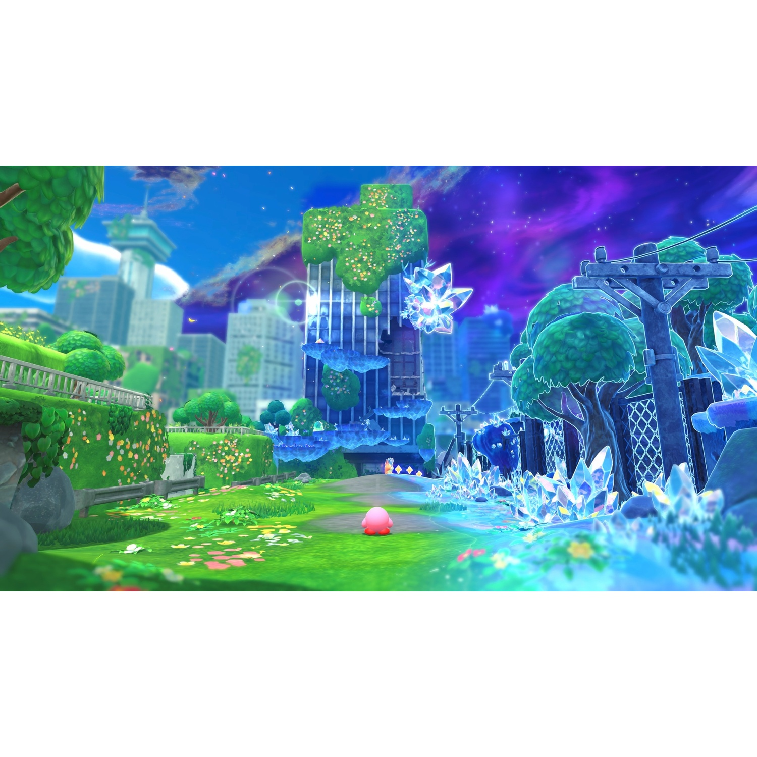 Pink Kirby walks on a green path in a city with crystal growths and a purple sky.