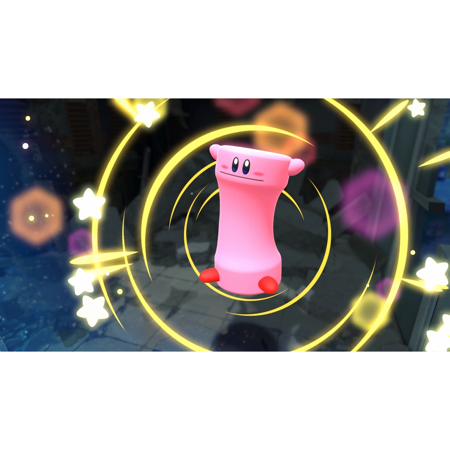 A pink character with red feet floats within a yellow circle and stars.