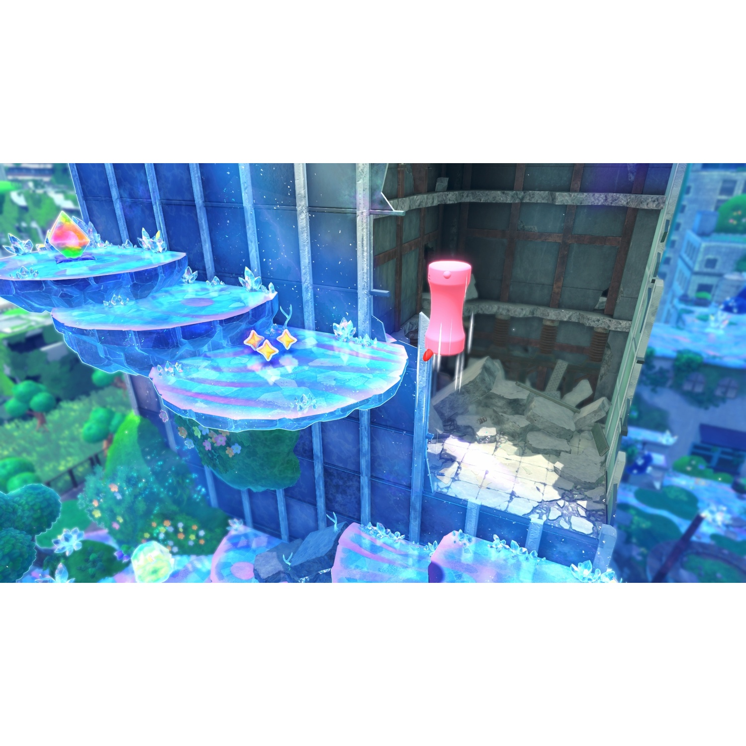 Floating platforms with crystals and a crumbling building.