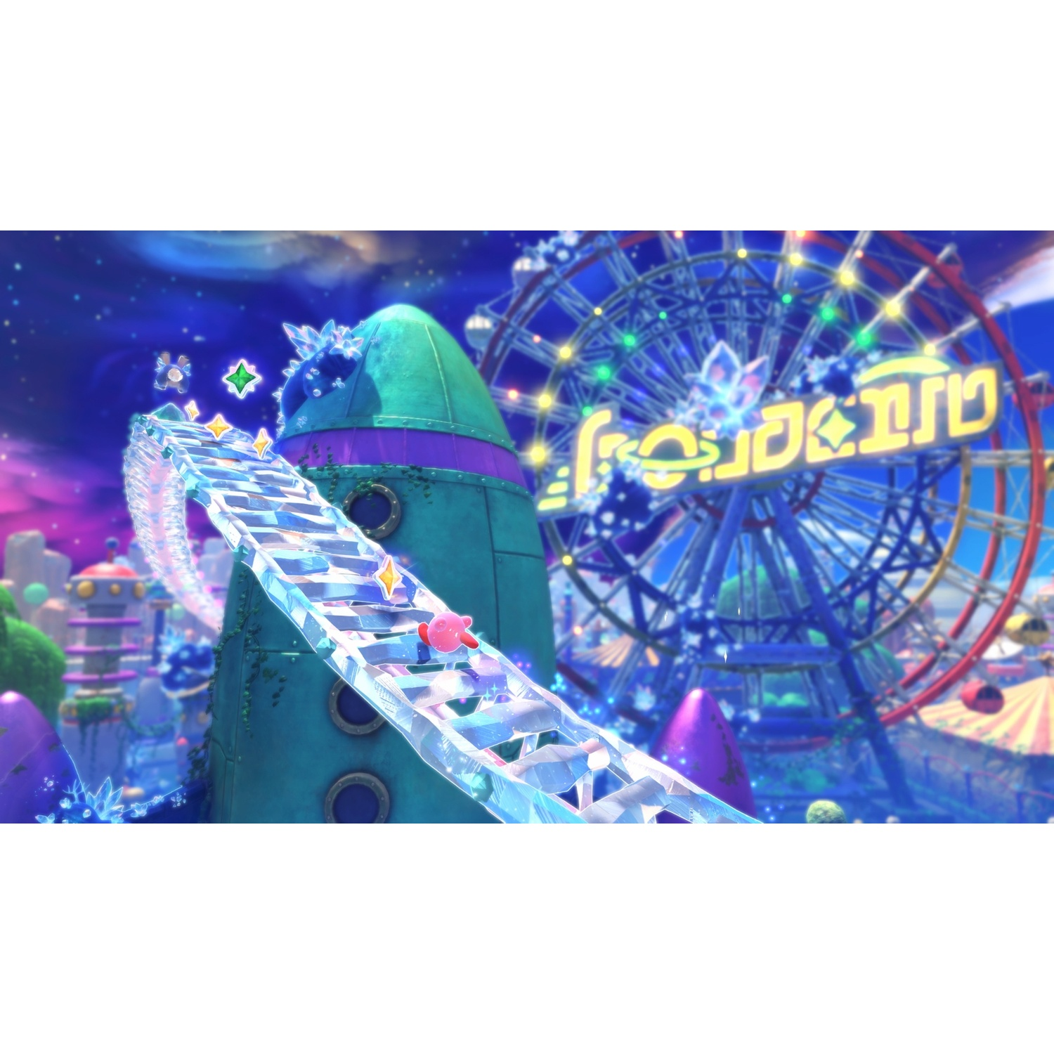 A pink character ascends a sparkly ice slide toward a Ferris wheel at night.