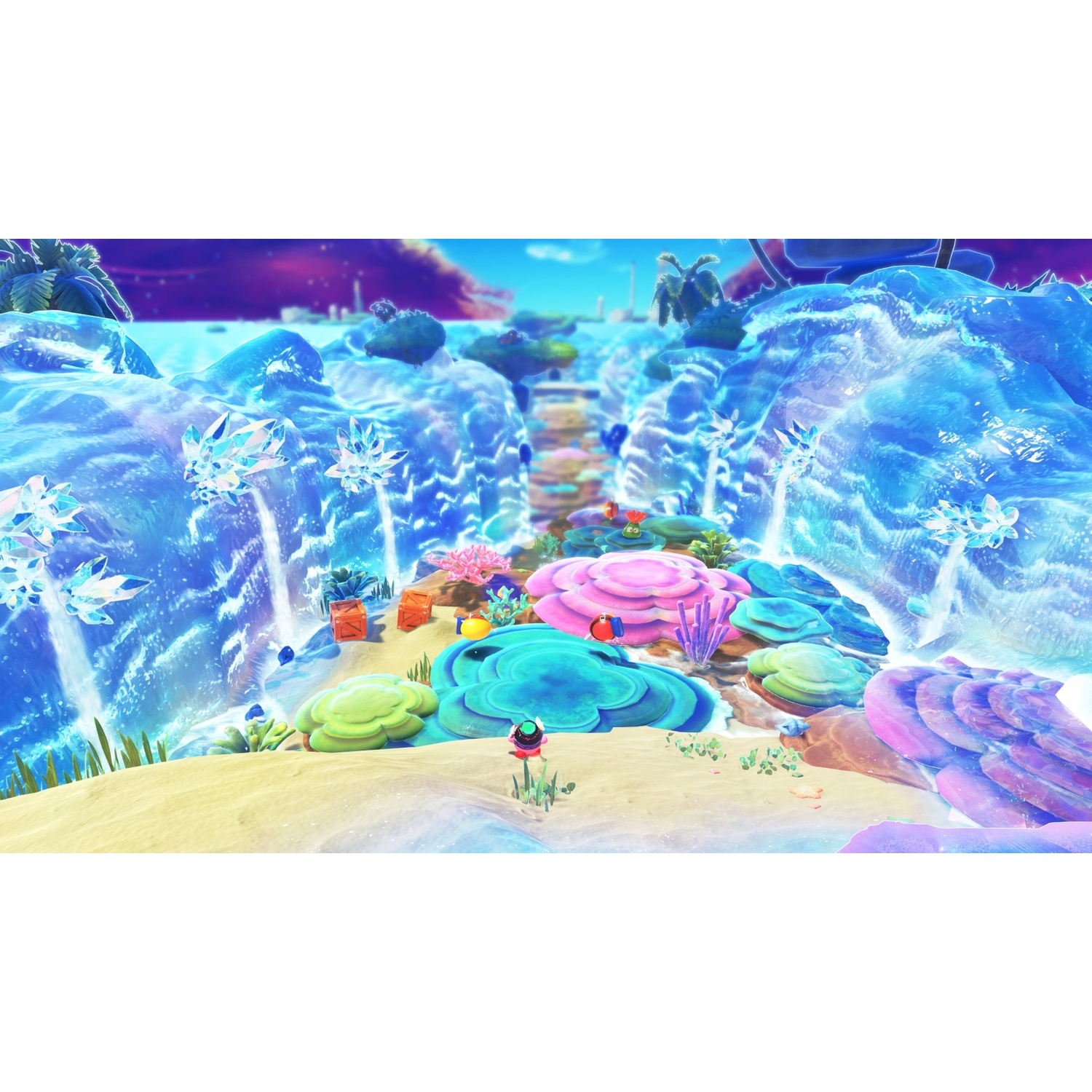 A character stands on sand beside colorful coral and icy waterfalls.