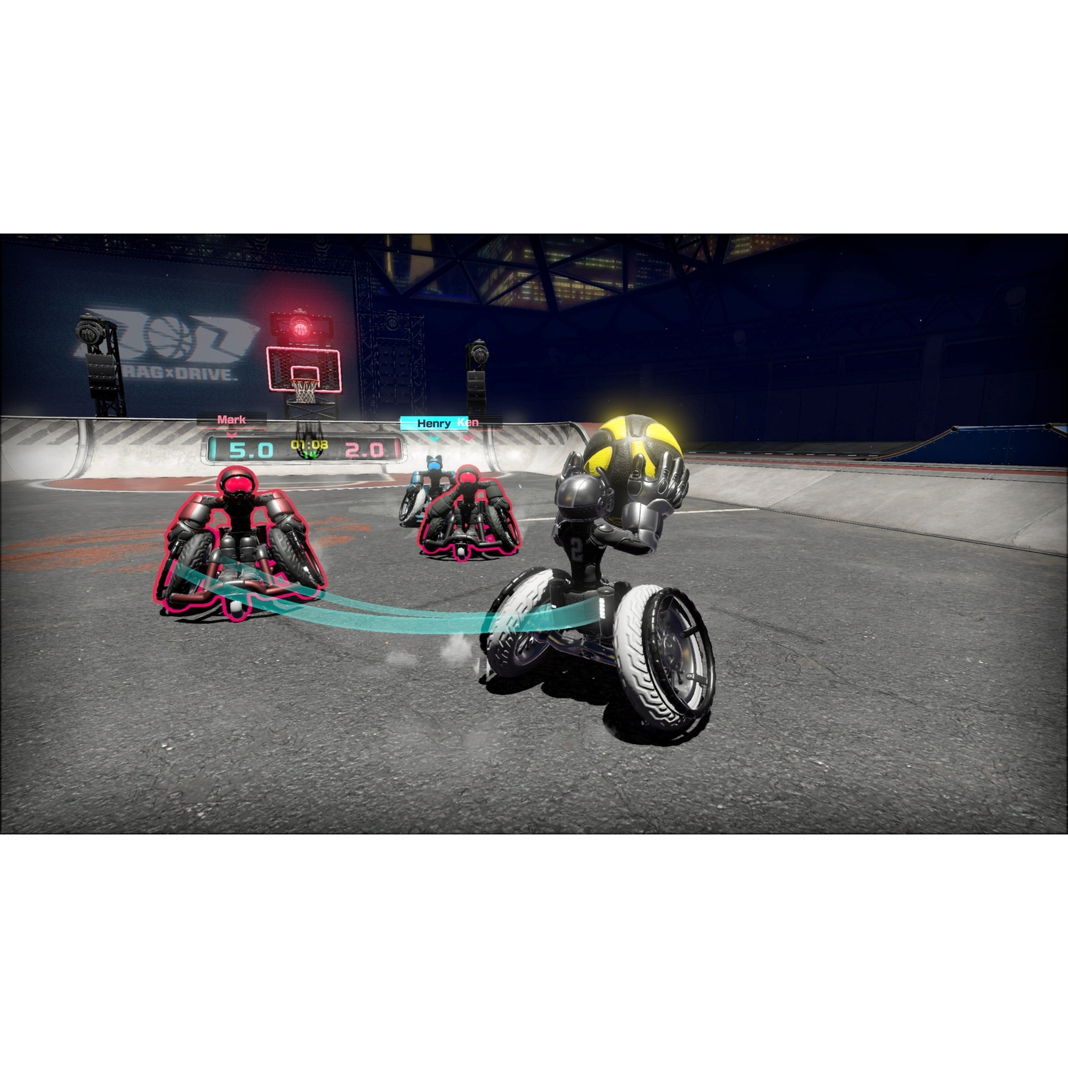 A robot with a yellow ball holds it. Other robots are racing on a track.