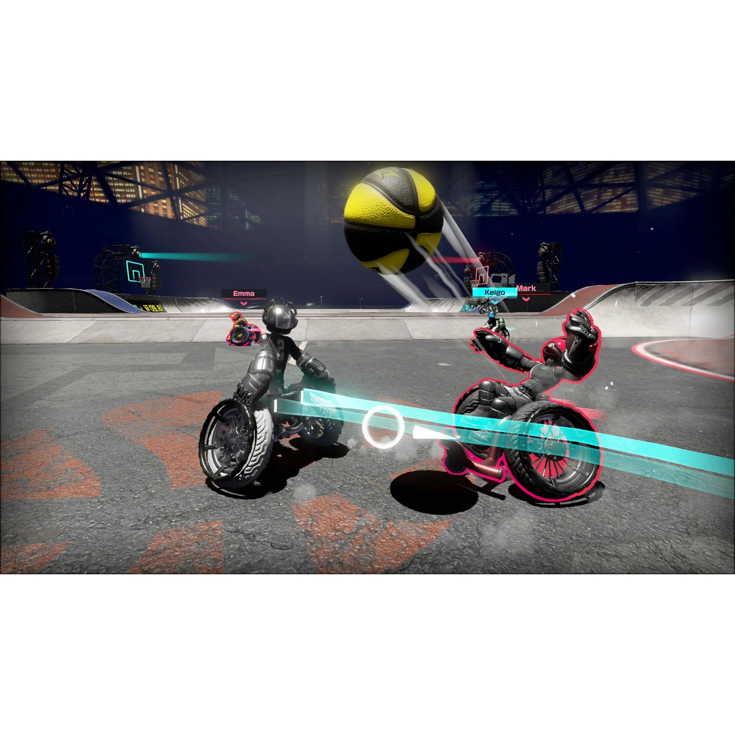 Robots play basketball on a street court with a city skyline in the background.