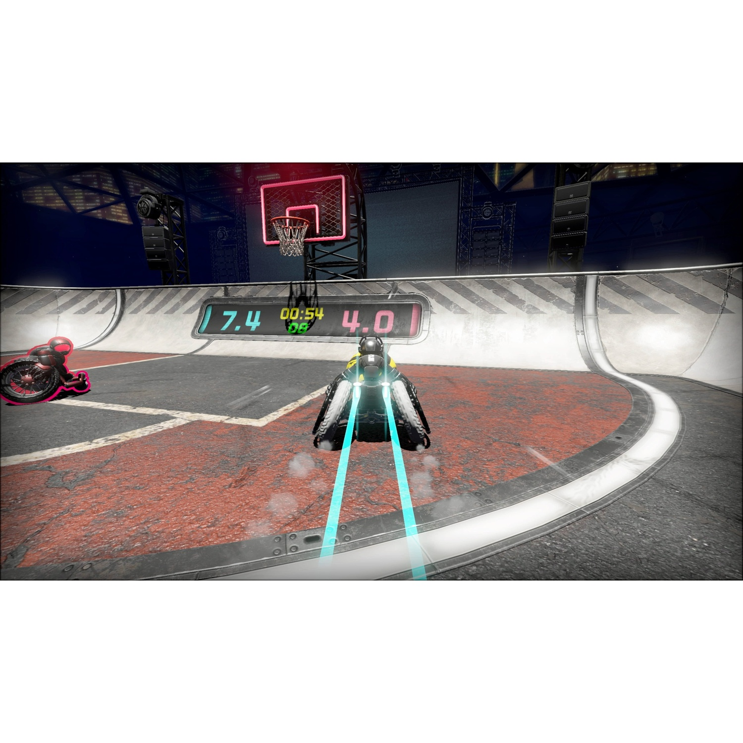A player in a futuristic racing suit on a motorcycle with blue light beams.