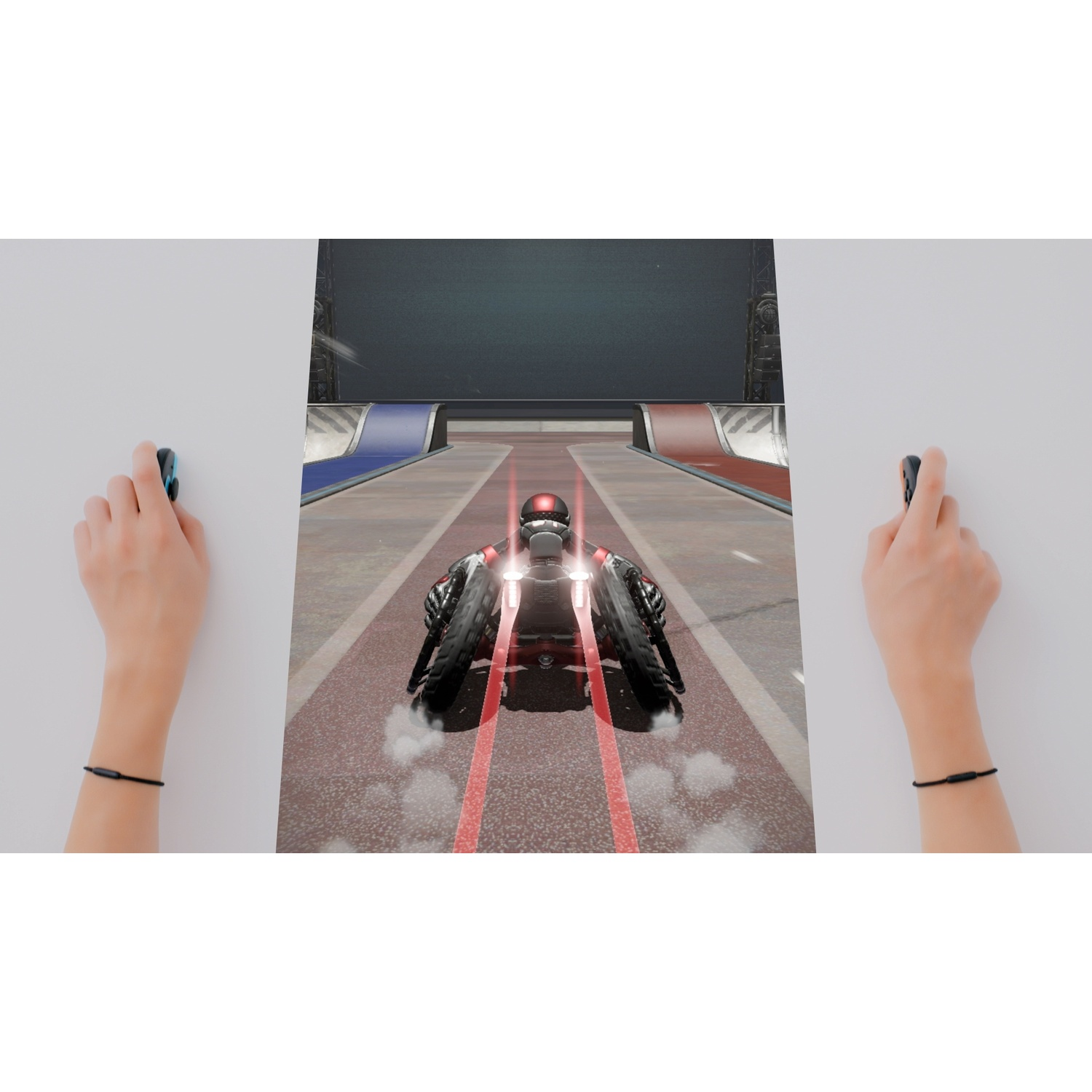 A futuristic motorcycle speeds down a race track. Hands control it from both sides.