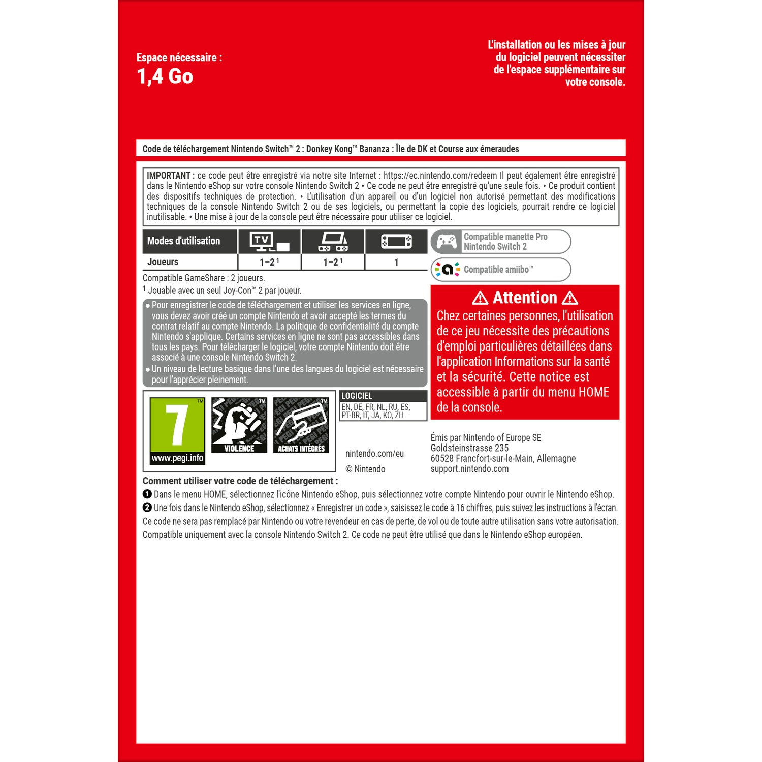 Donkey Kong download code instructions for Nintendo Switch. Requires 1.4 GB space.