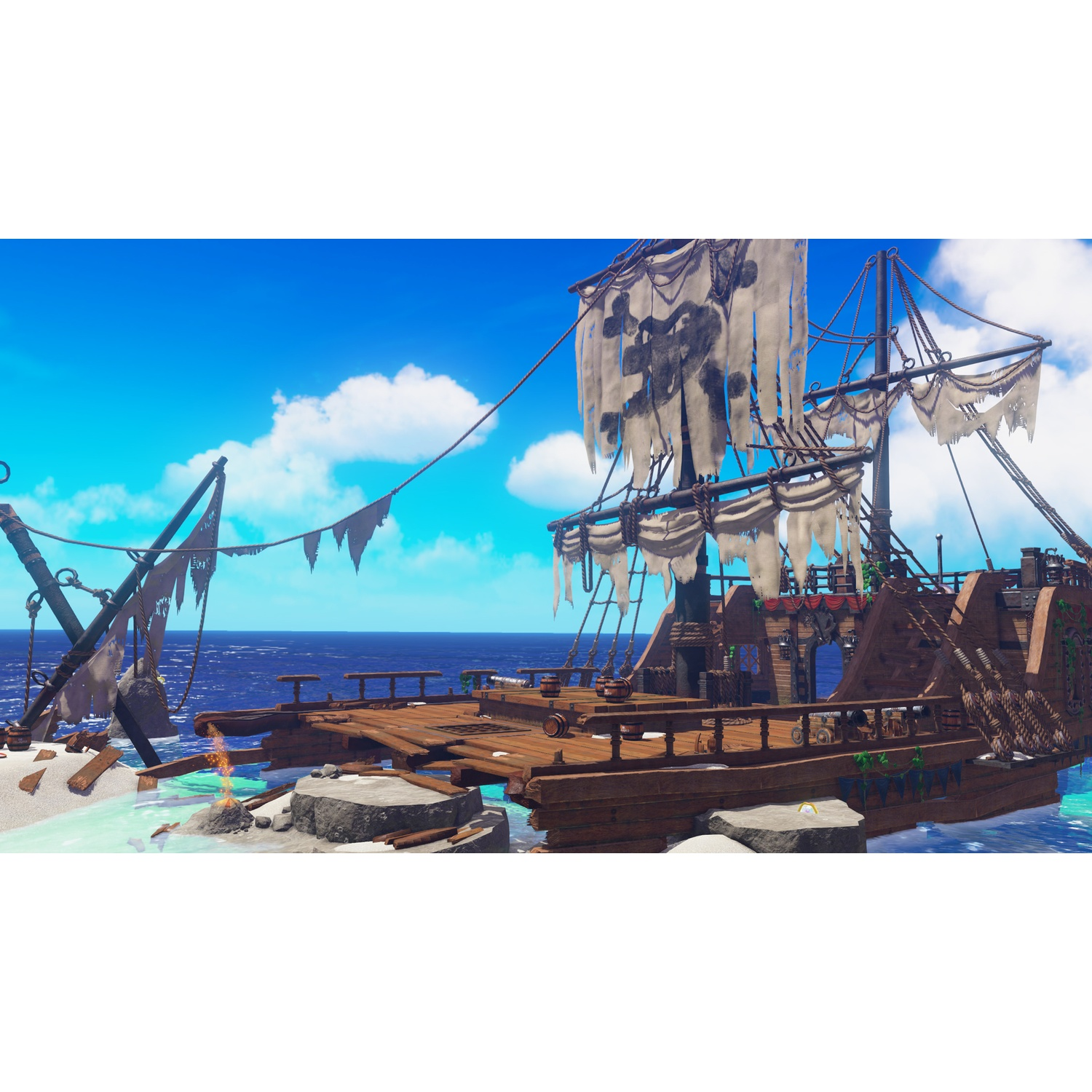 An old pirate ship rests near a tropical island with a small fire.