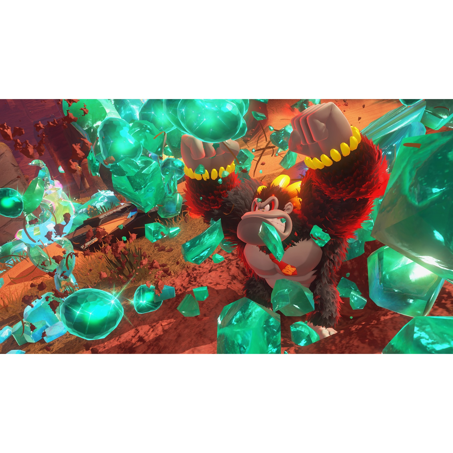 Donkey Kong throws green crystals into the air, surrounded by more crystals.