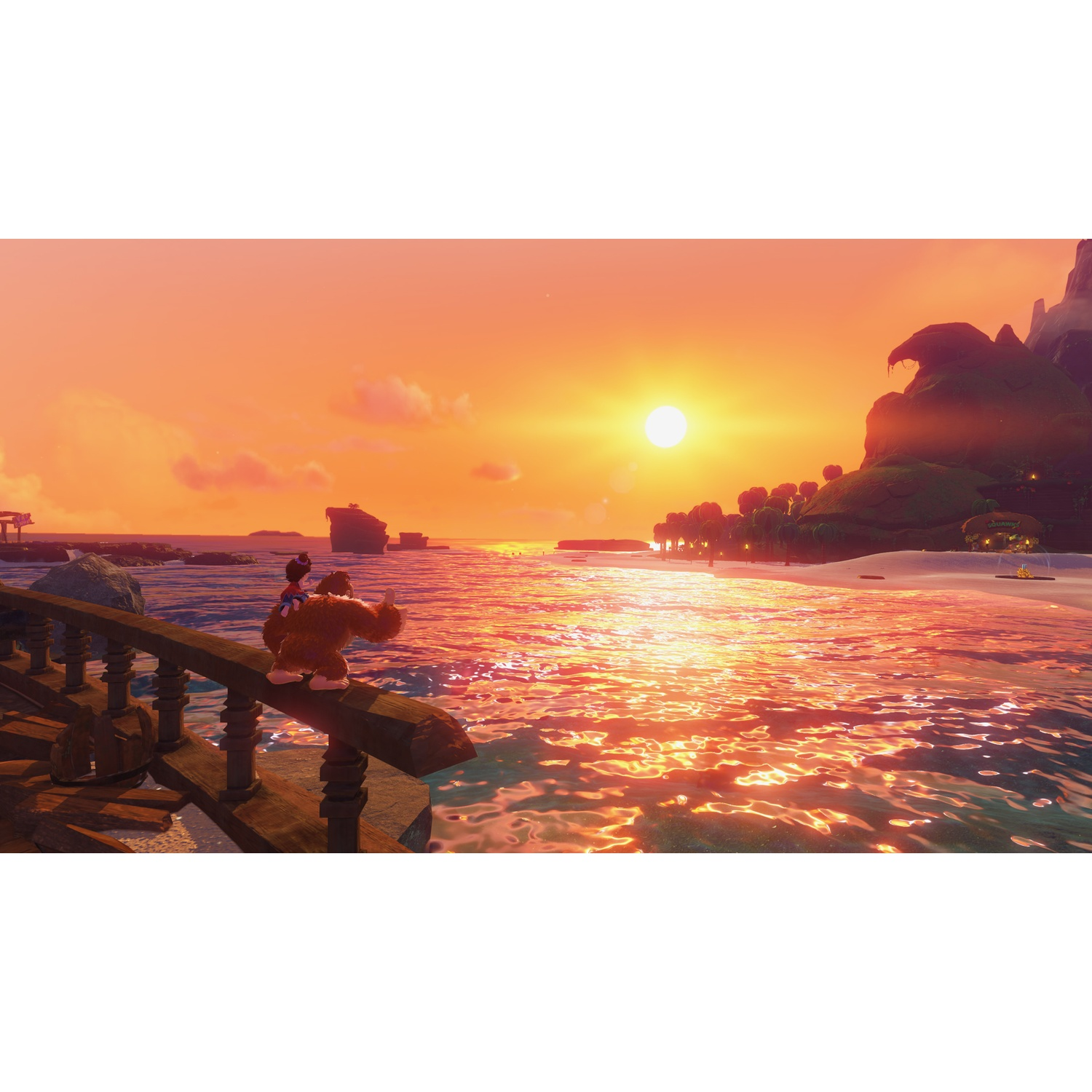 Donkey Kong and Diddy Kong stand on a wooden plank by the sea at sunset.