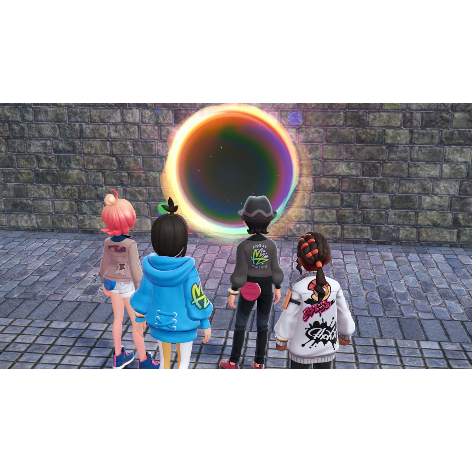 Four young people stand before a rainbow-colored portal embedded in a brick wall.