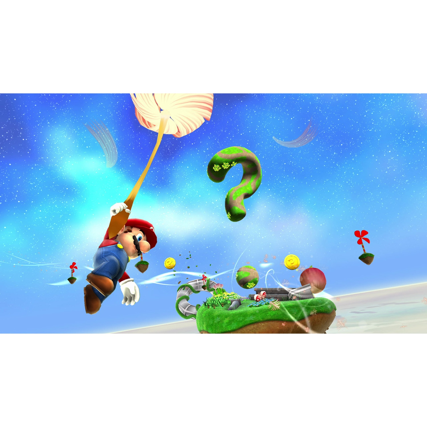 Mario floats with a mushroom umbrella through the sky, past floating islands.