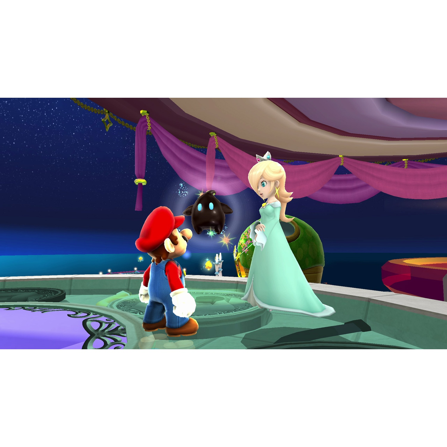 Mario and Rosalina face each other with a black ghost floating between them.