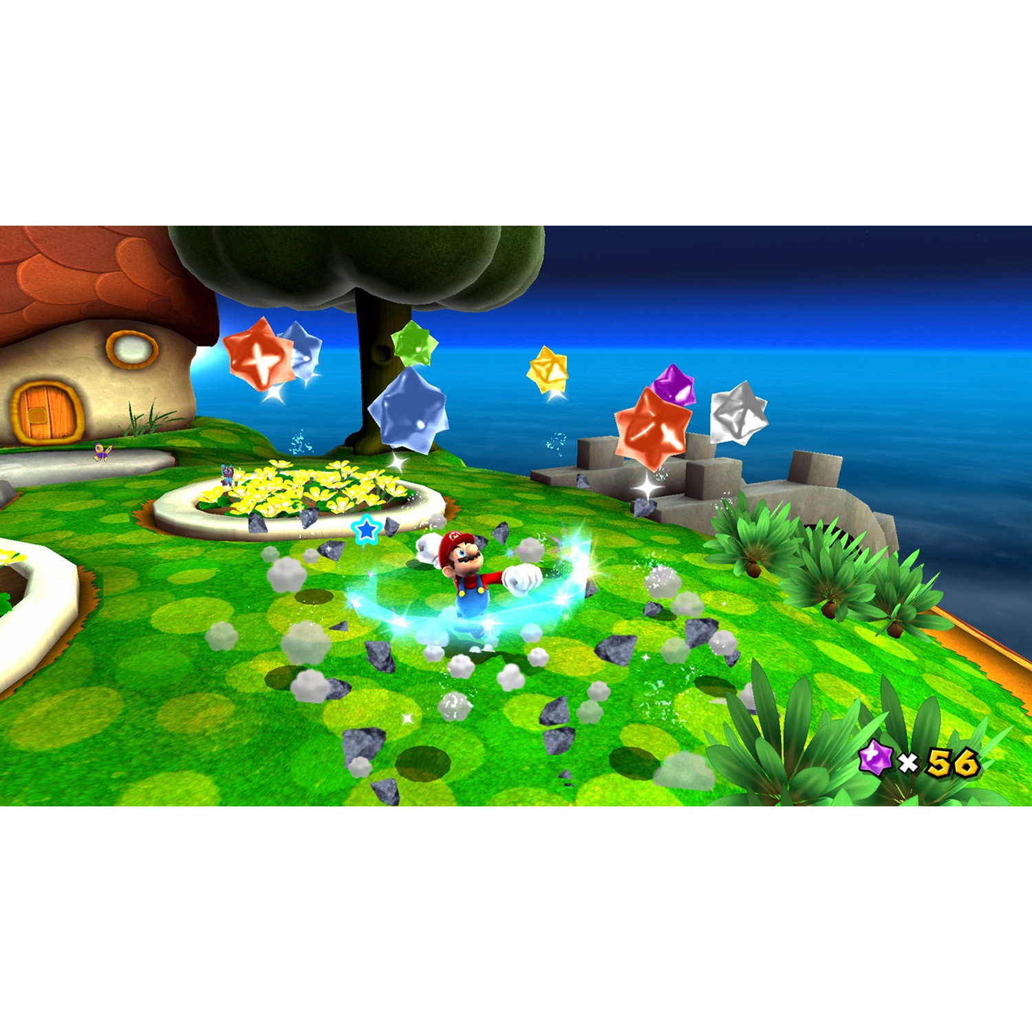 Mario jumps in the air, surrounded by stars and rocks. A mushroom house is to the left.