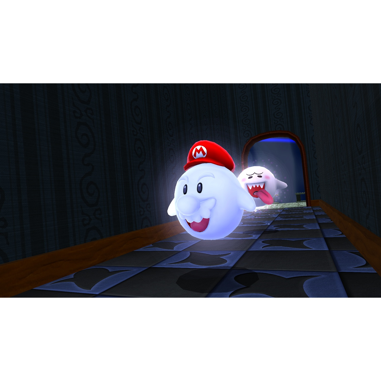 Two Mario-style ghosts run down a dark hallway.