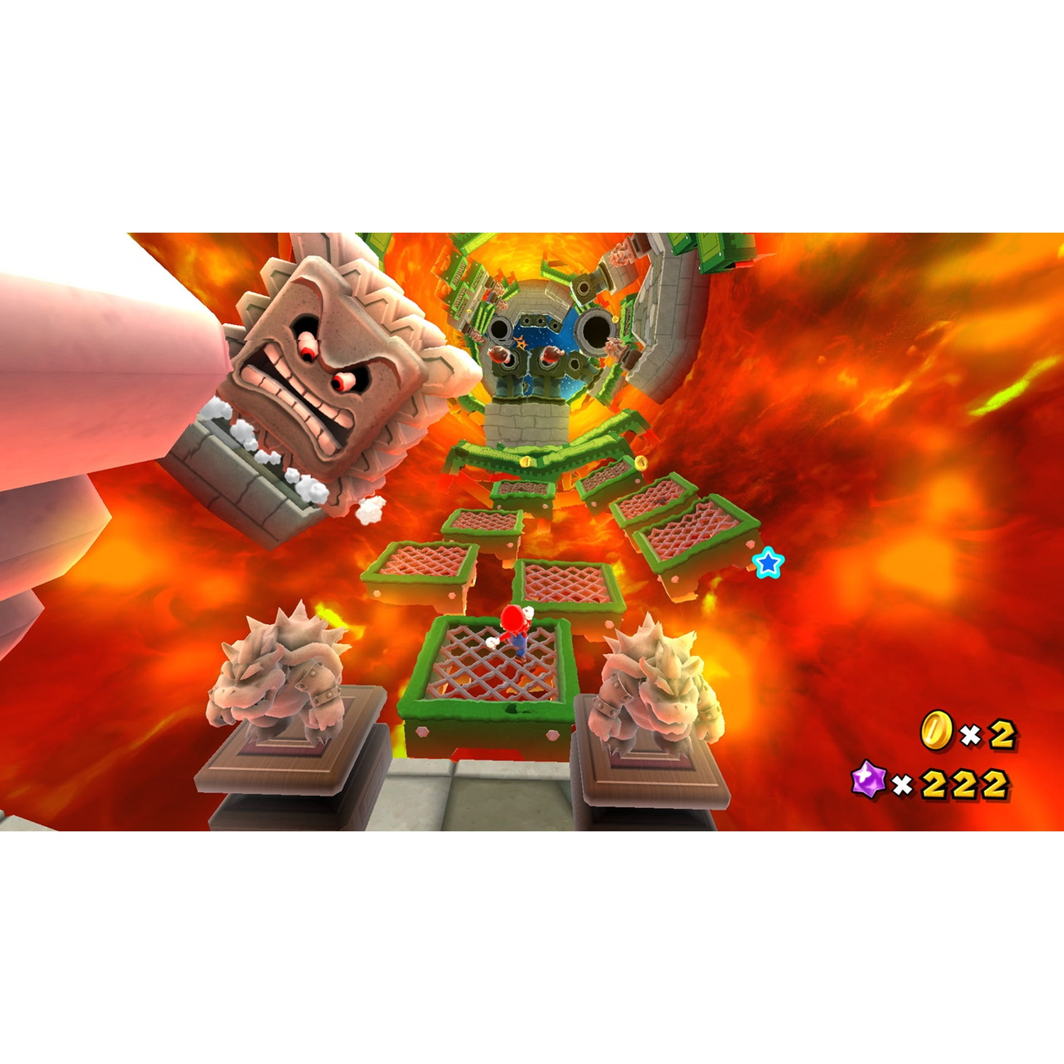 Mario on platforms over lava, with a rock monster and bonuses.