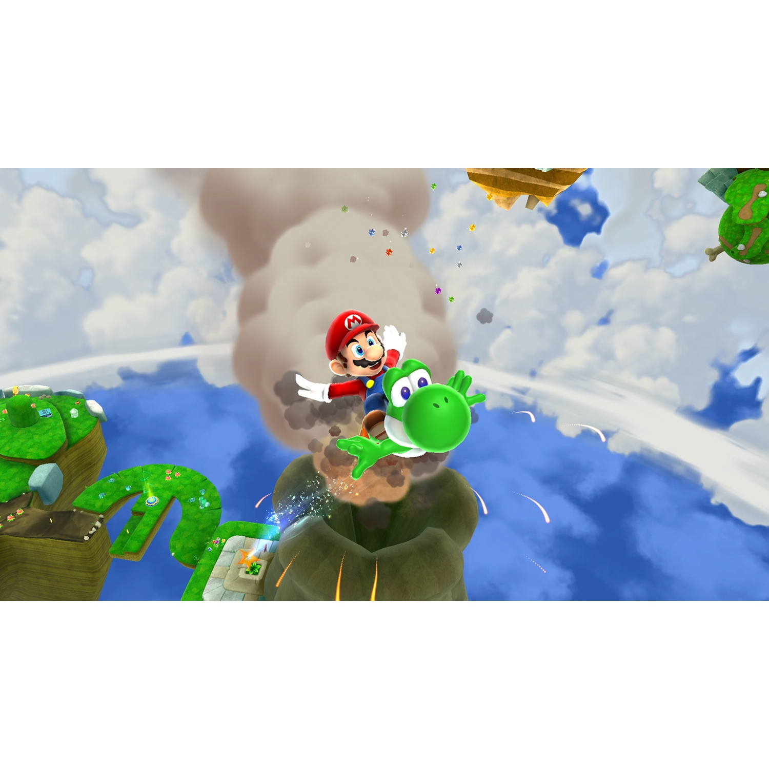 Mario rides Yoshi over a volcano with a cloud of smoke and floating islands.