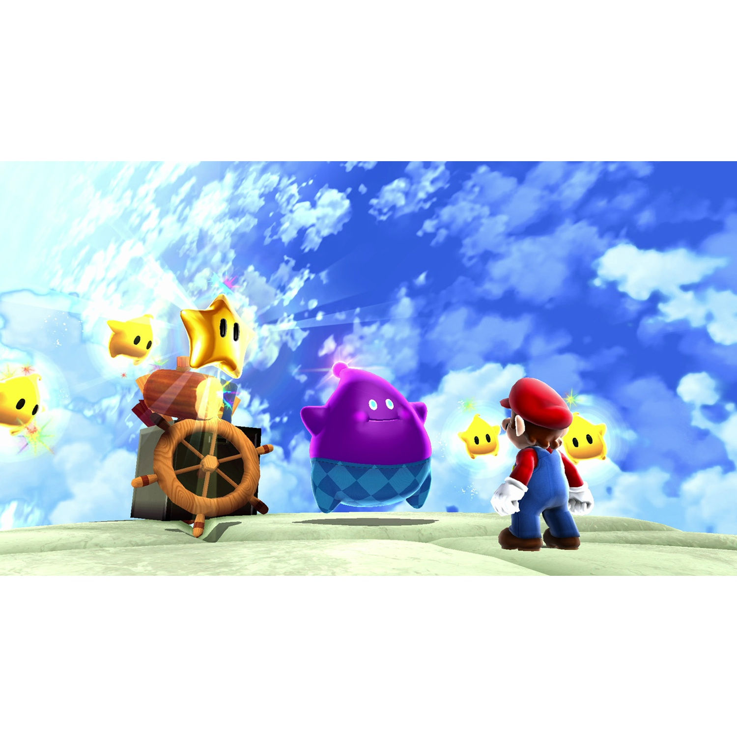 Mario stands before a purple creature, wooden wheel, and stars in a blue sky.