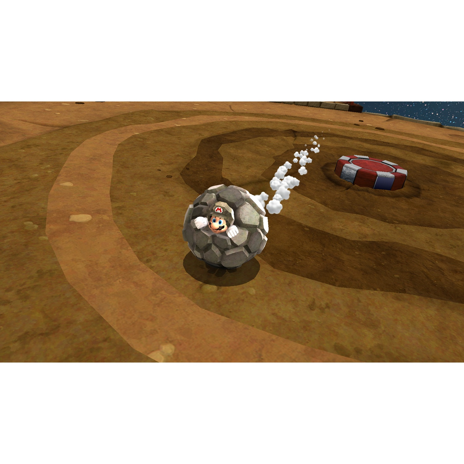 Mario is in a rocky ball, leaving a trail of white smoke behind him.