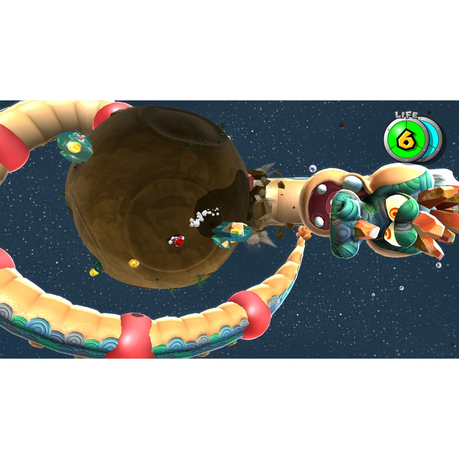 A creature with one arm attacks a planet surrounded by a ring.