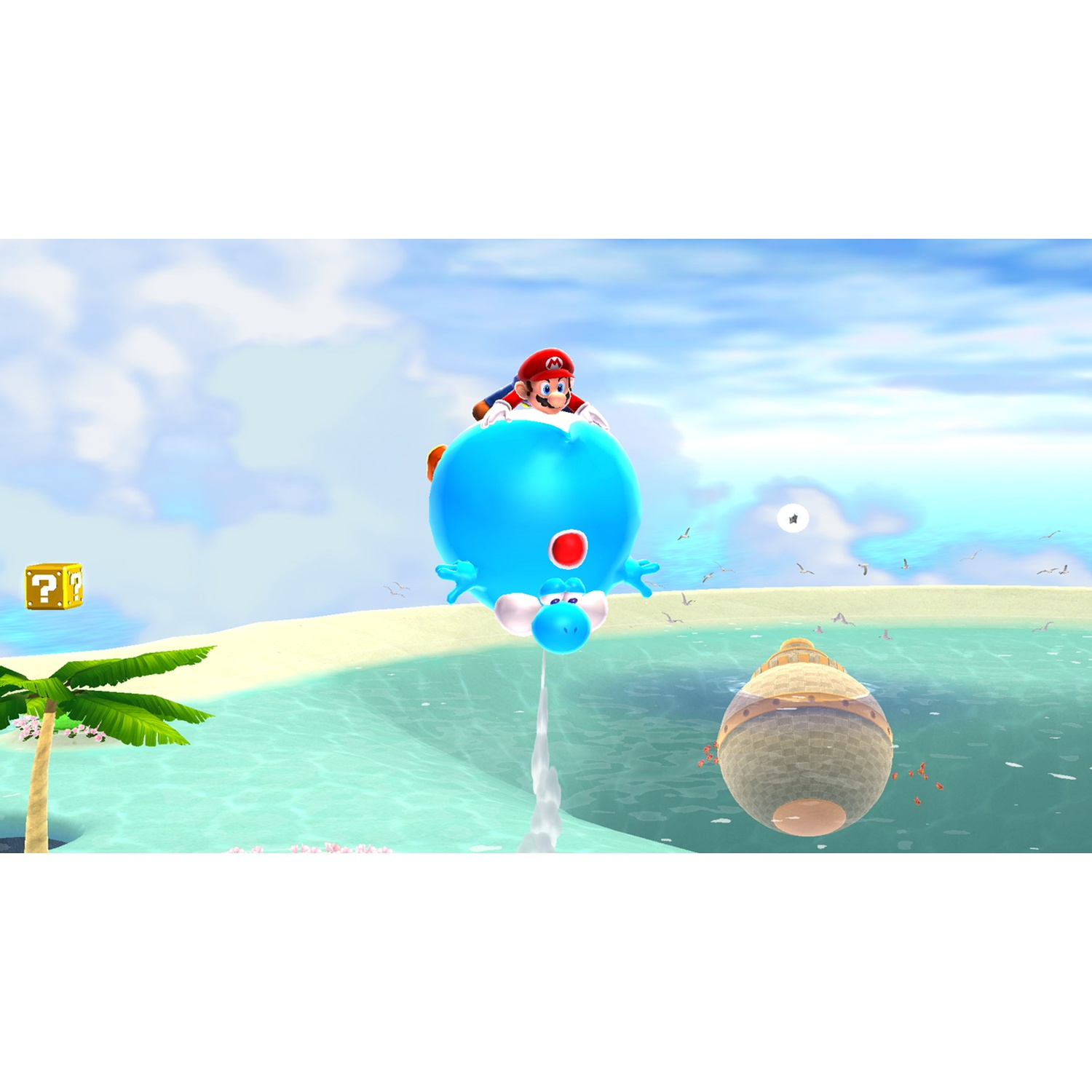 Mario rides a blue Yoshi over the sea, near a shell-like structure.