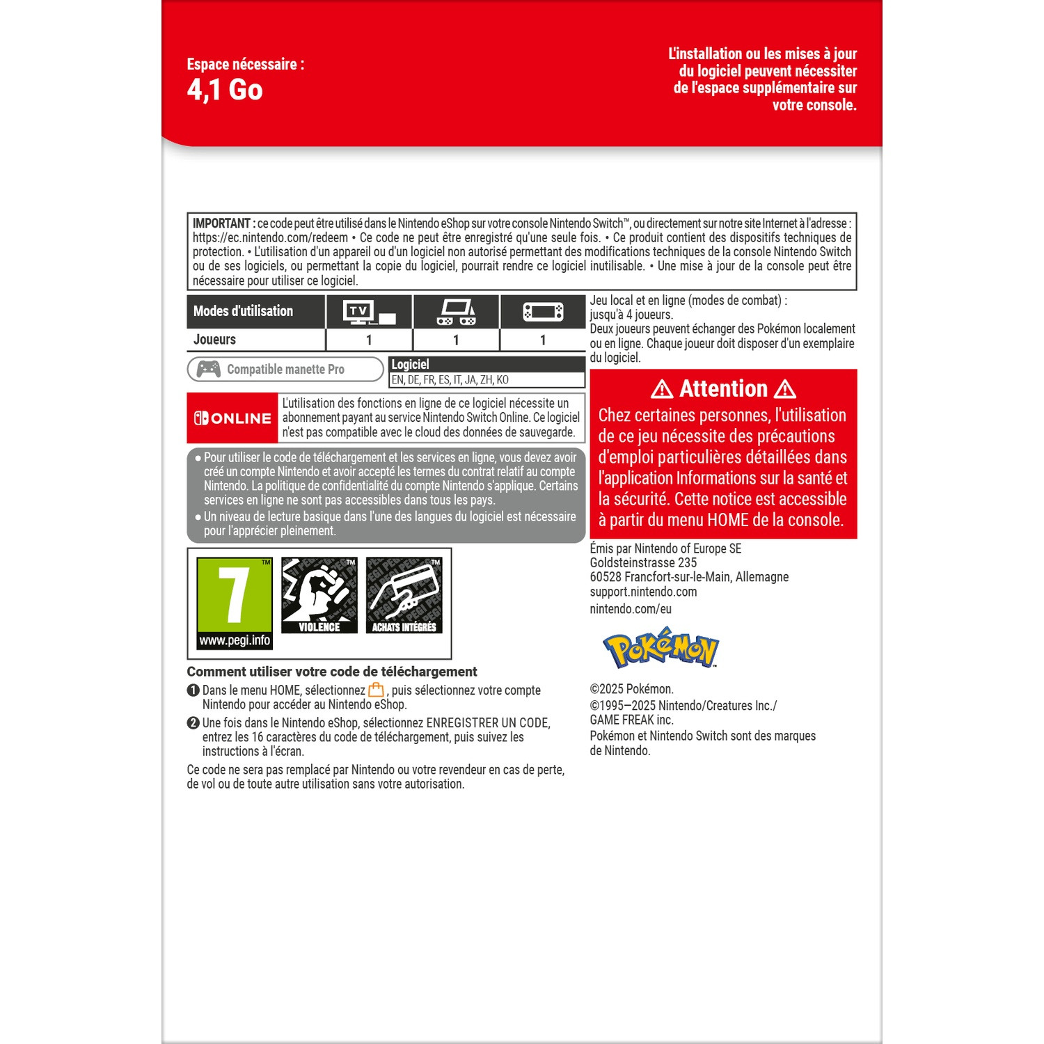 Nintendo Switch notice: Requires 4.1 GB storage. Game for up to 4 players.