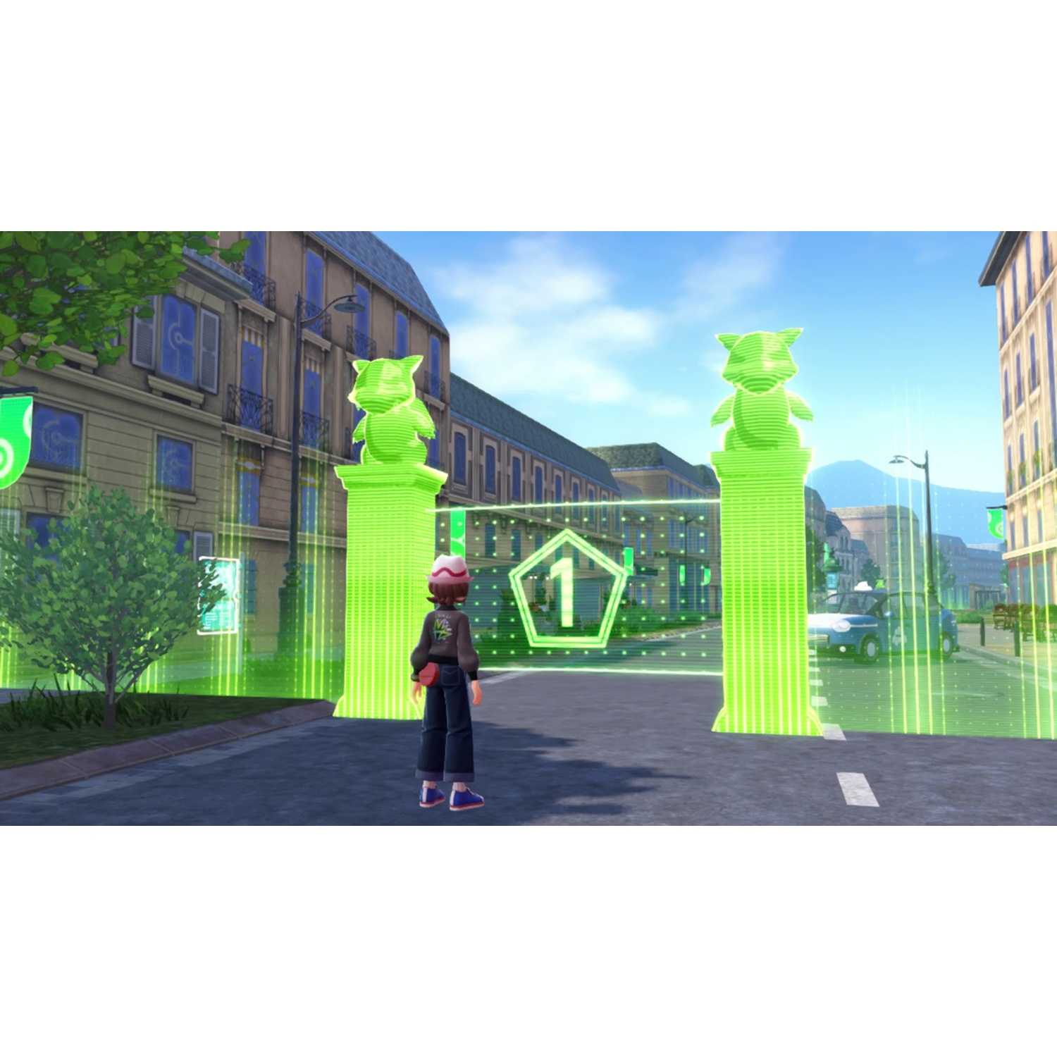 Person before a portal with green Pokemon holograms and the number 1.
