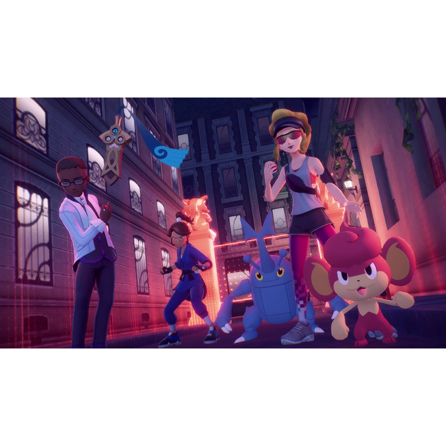 Four characters and two Pokémon stand on a street with buildings in the background.