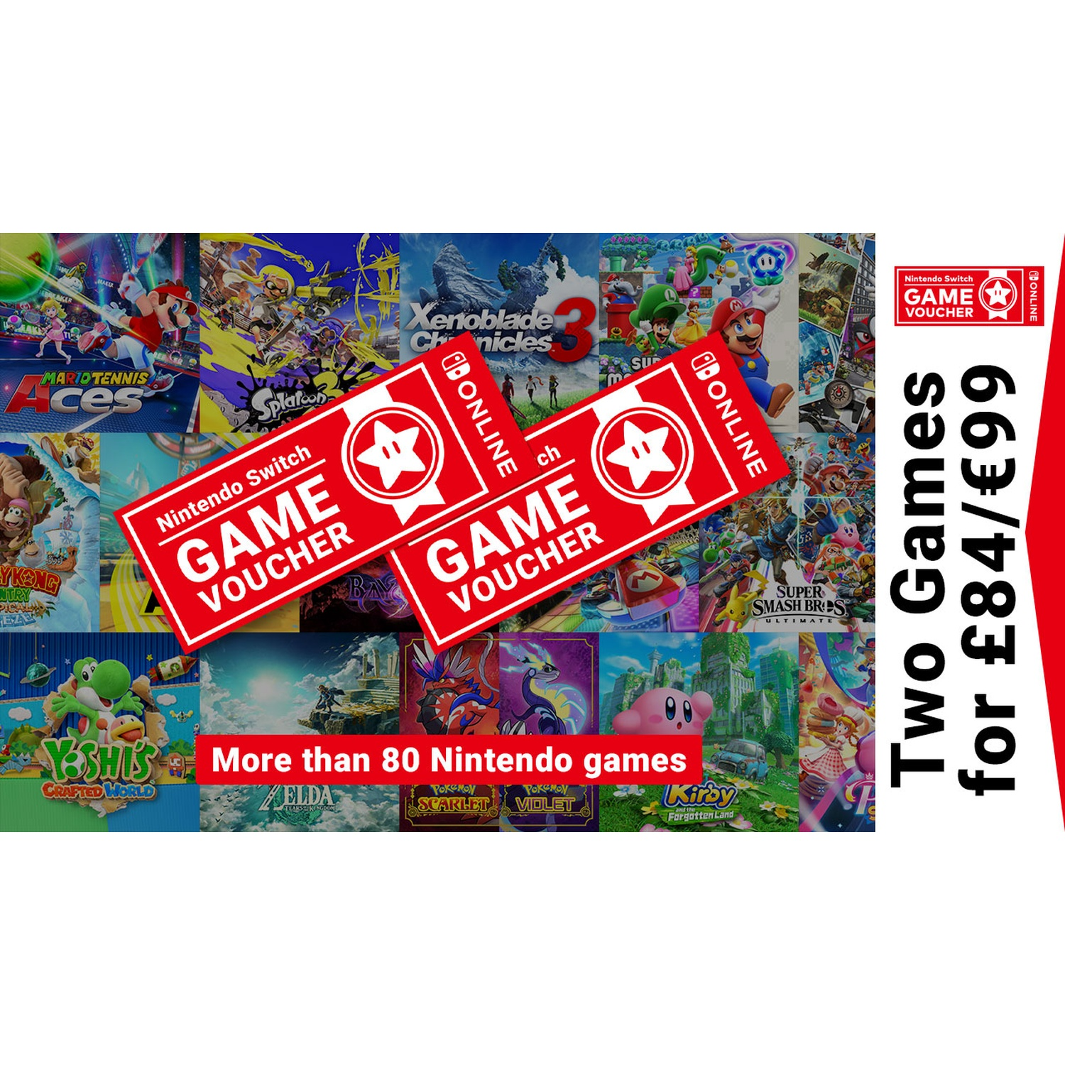 Nintendo Switch game vouchers for £84/€99, featuring over 80 games.