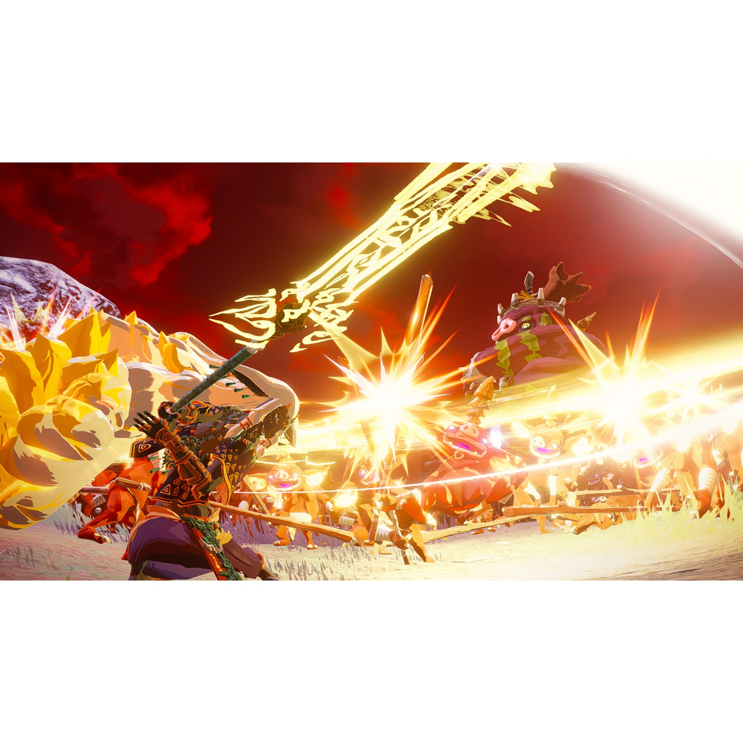 Warrior with glowing sword fights an army of purple creatures under a red sky.