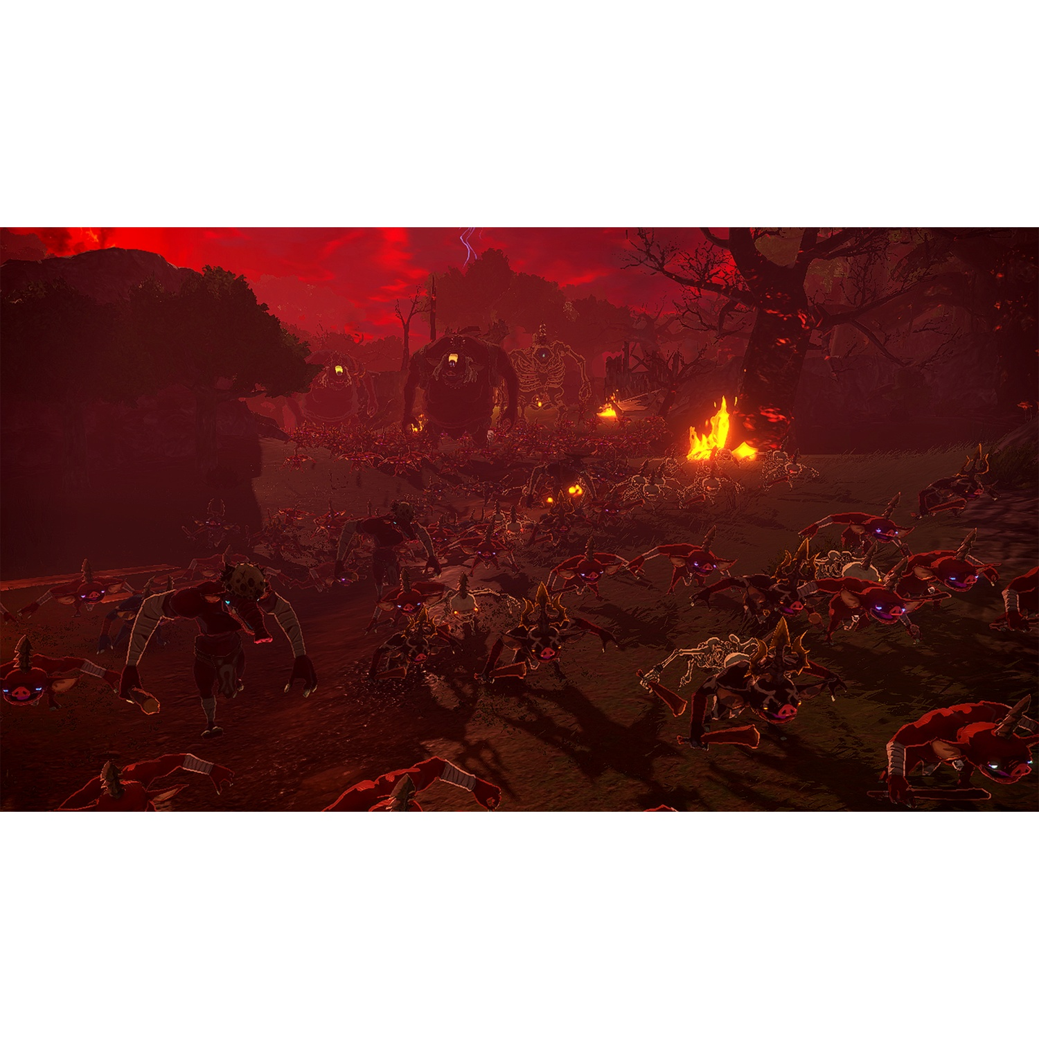 An army of red creatures attacks under a red sky and firelight.