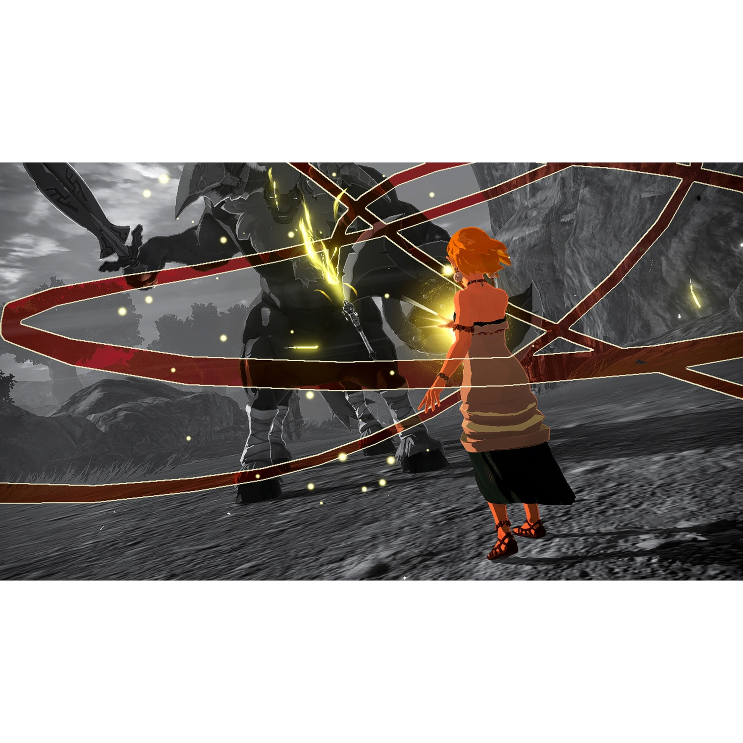 A woman with orange hair faces a large, dark creature wielding a sword.